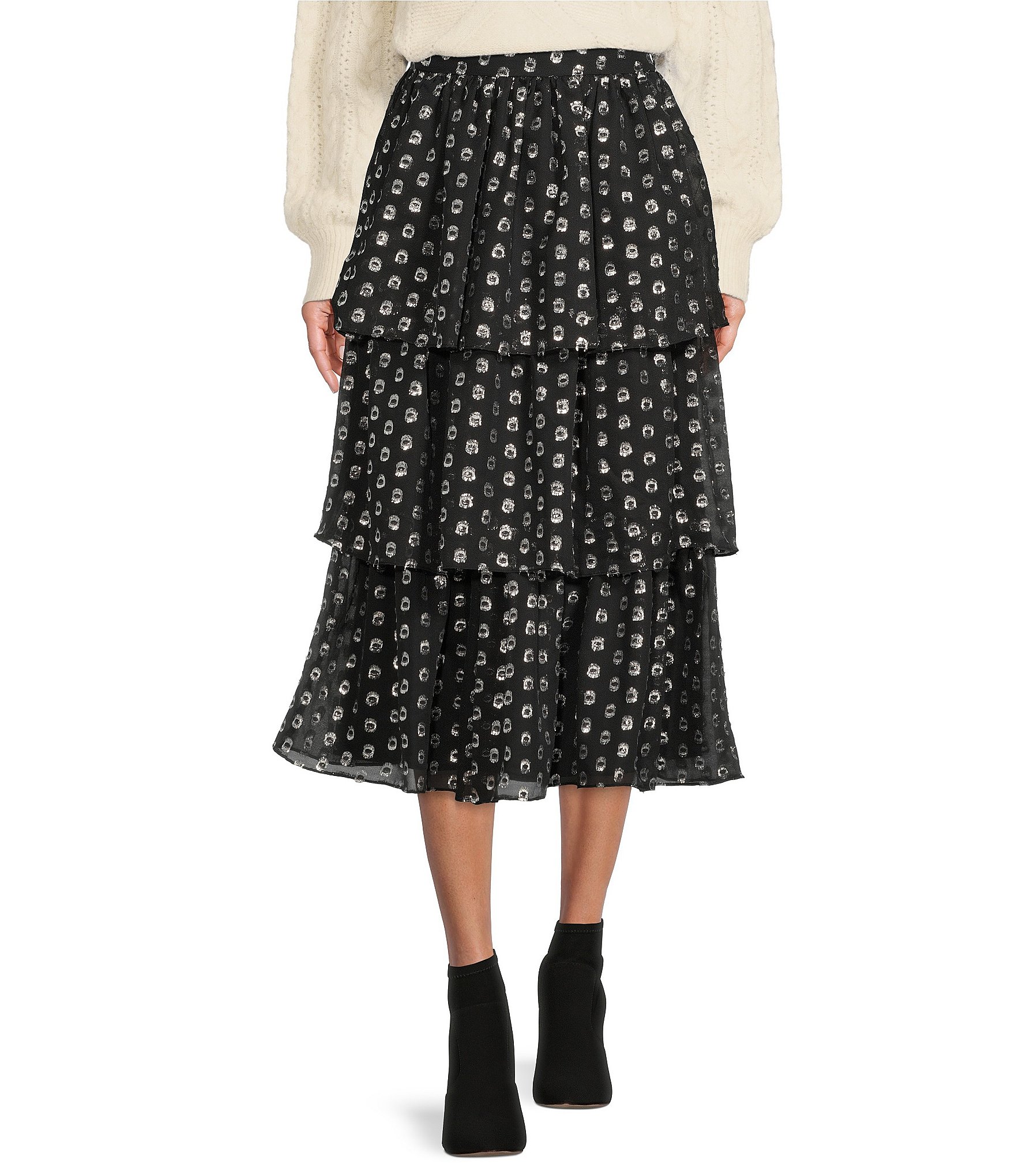 A Loves A Metallic Clip Dot Print Tiered Ruffle Midi Skirt | Dillard's