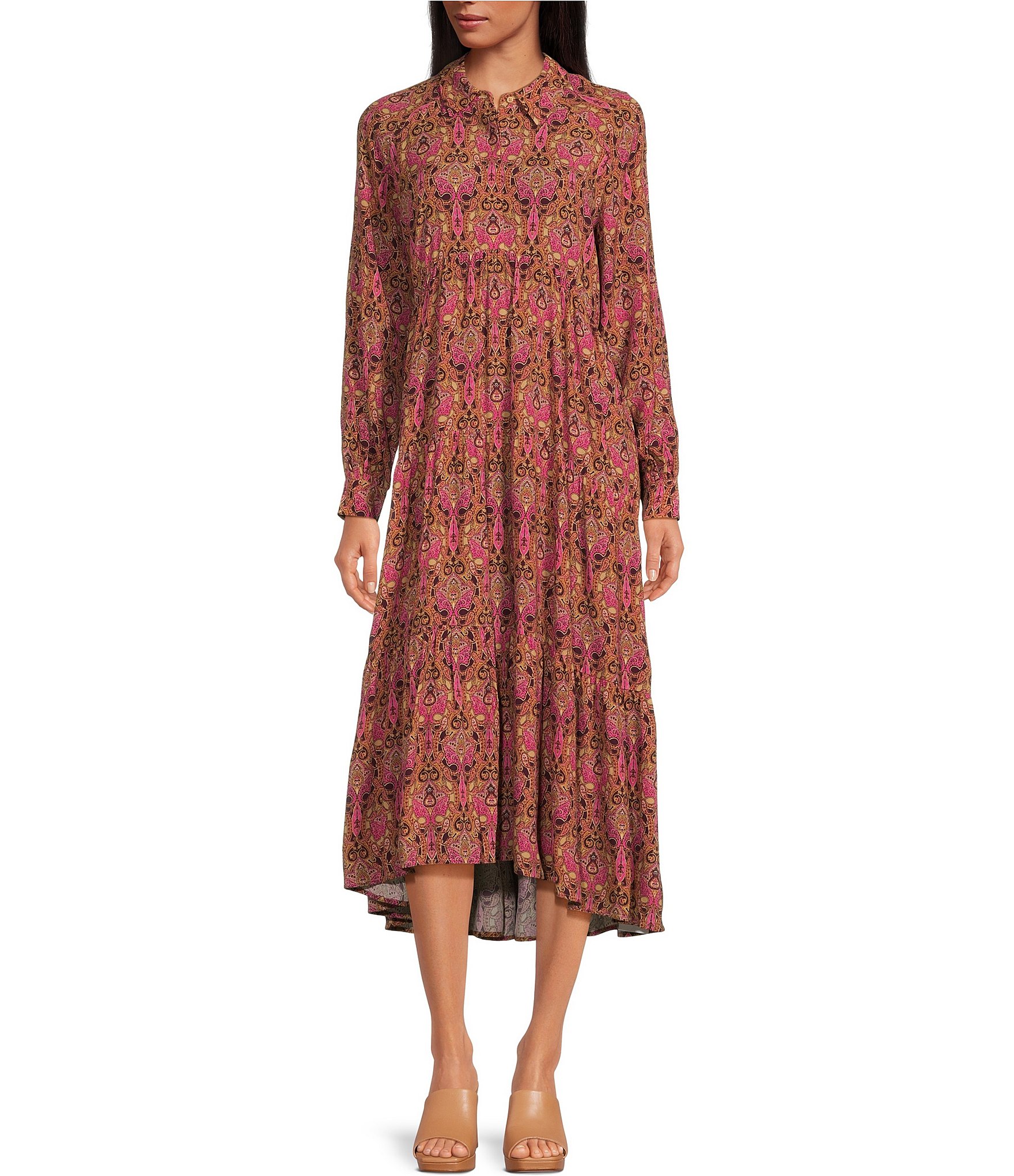 A Loves A Paisley Print Button Down Collar Long Sleeve Tiered Maxi ...