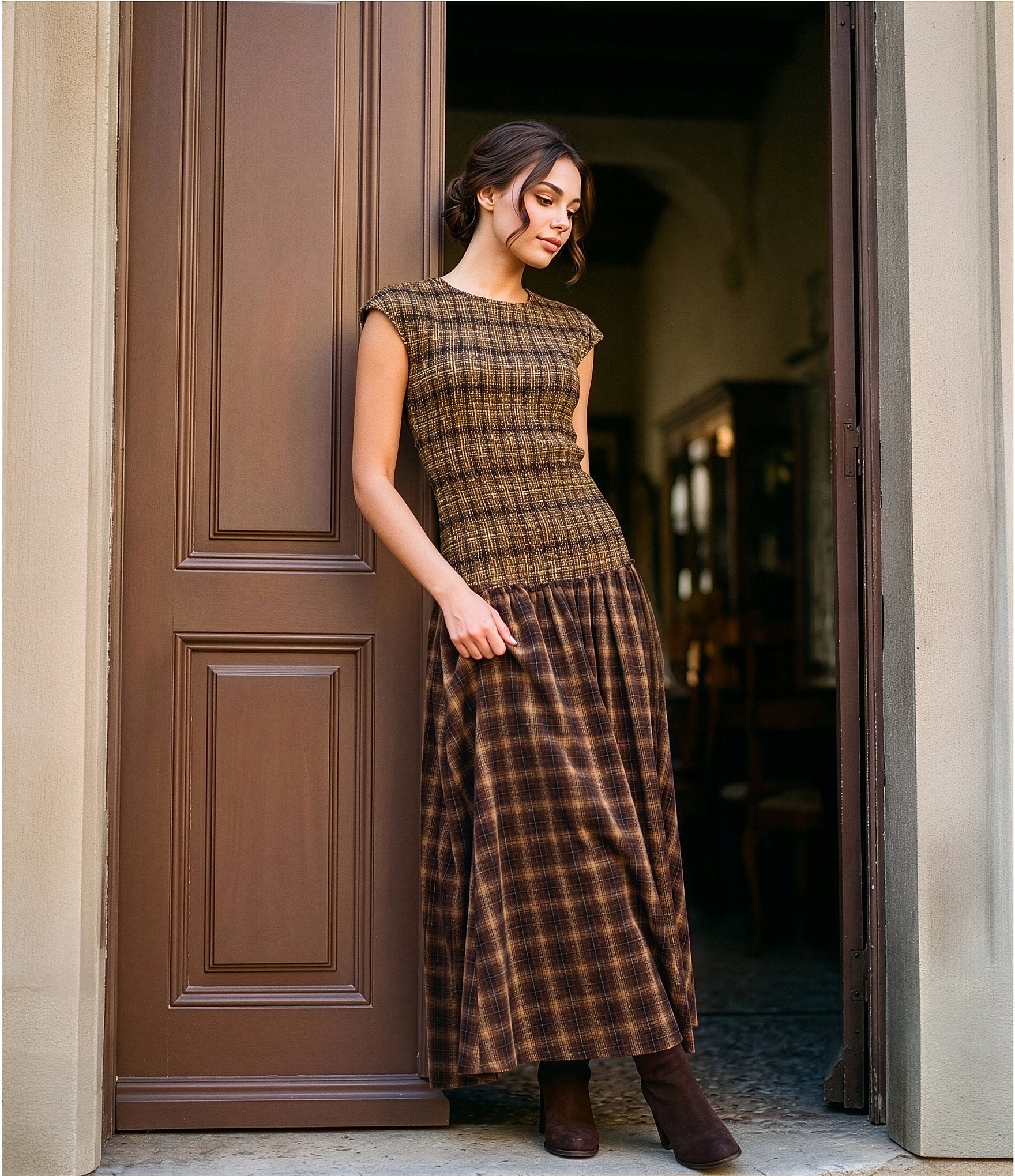 A Loves A Plaid Round Neck Sleeveless Smocked Bodice Drop Waist Maxi Dress