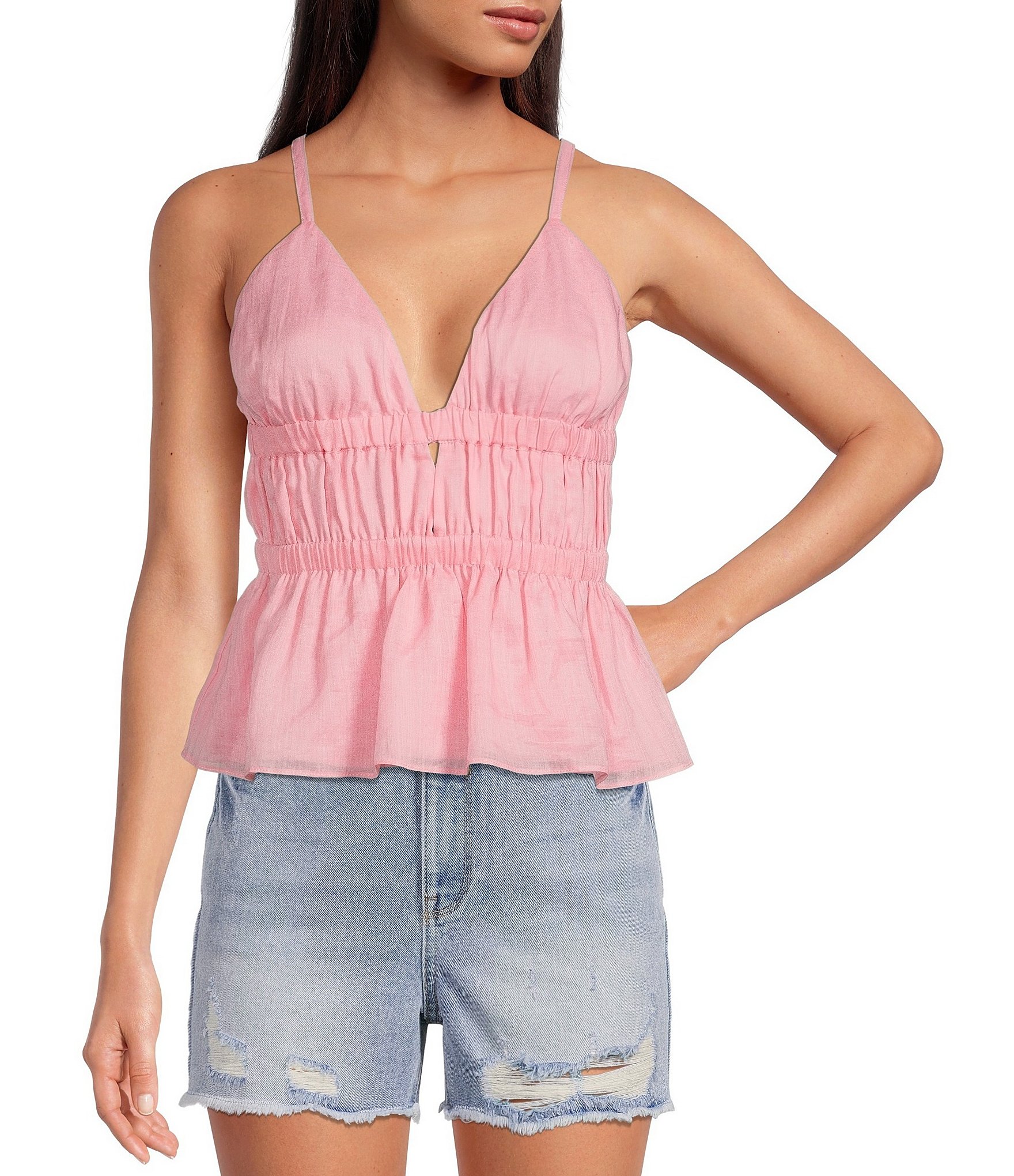 A Loves A Plunging V-Neck Sleeveless Ruched Cinched Peplum Spaghetti ...