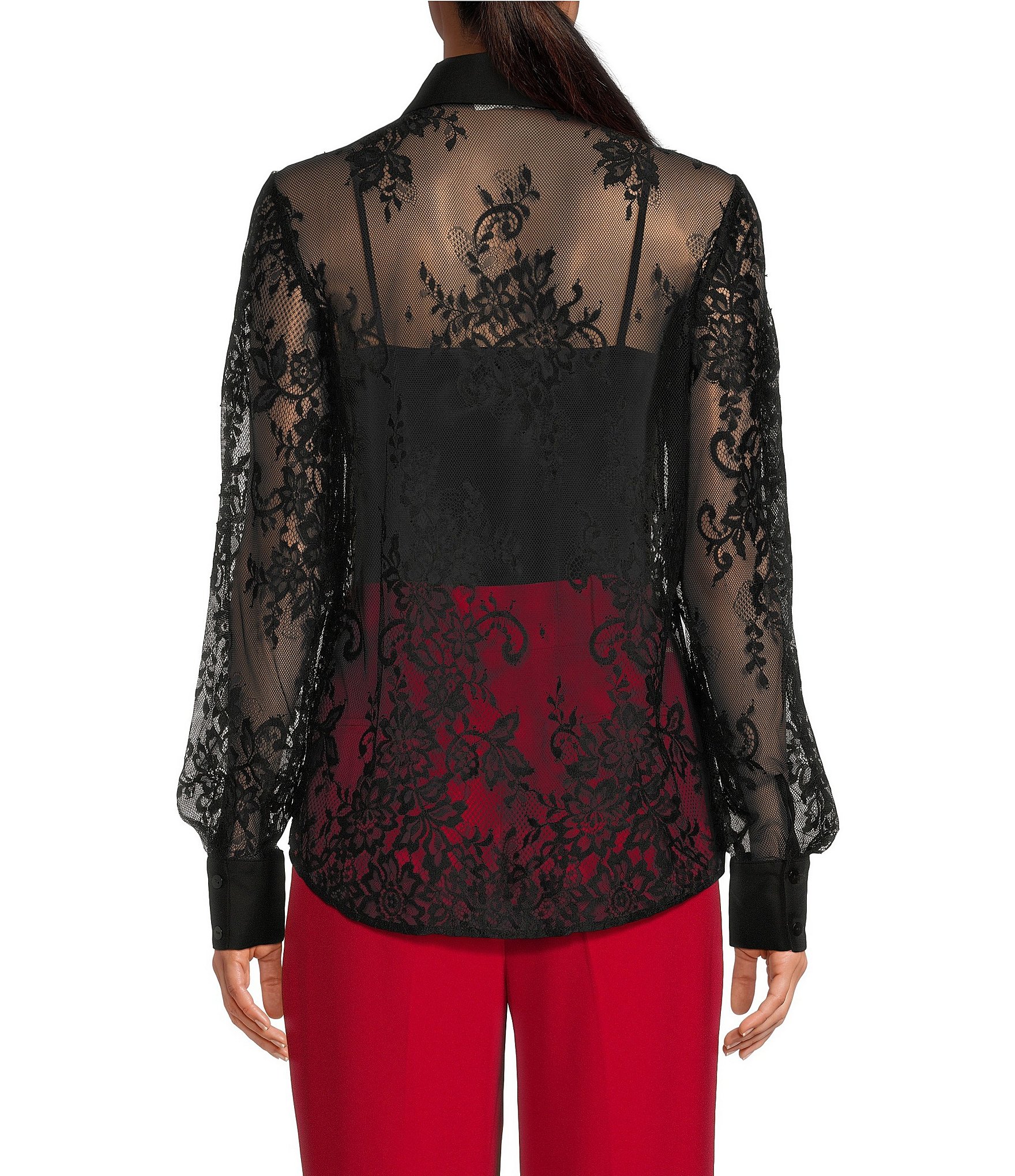 A Loves A Poplin Point Collar Bow Tie Neck Sheer Illusion Lace Long Sleeve Button Front Shirttail Blouse