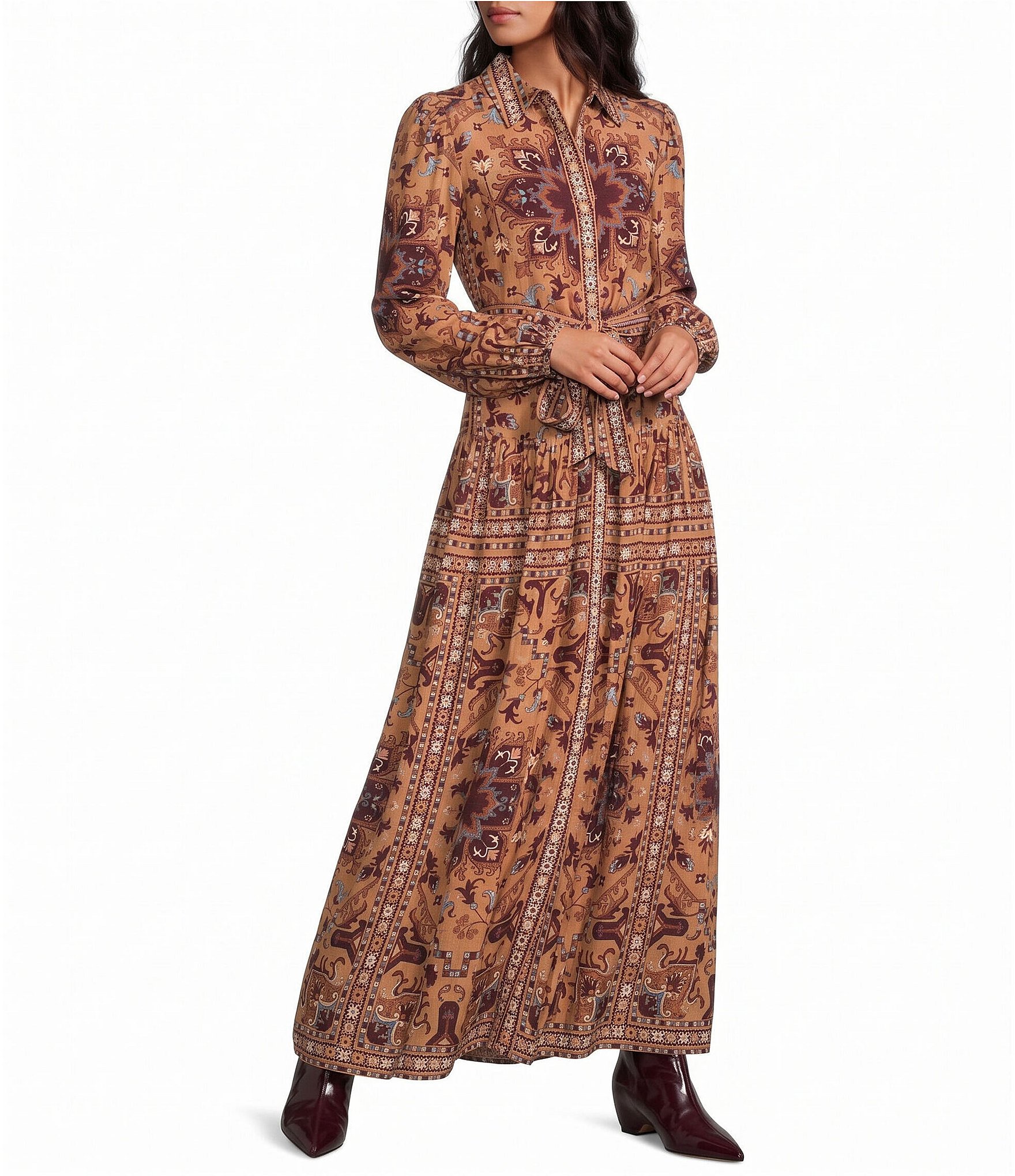 A Loves A Printed Collared Long Sleeve Belted Scarf Maxi Shirt Dress