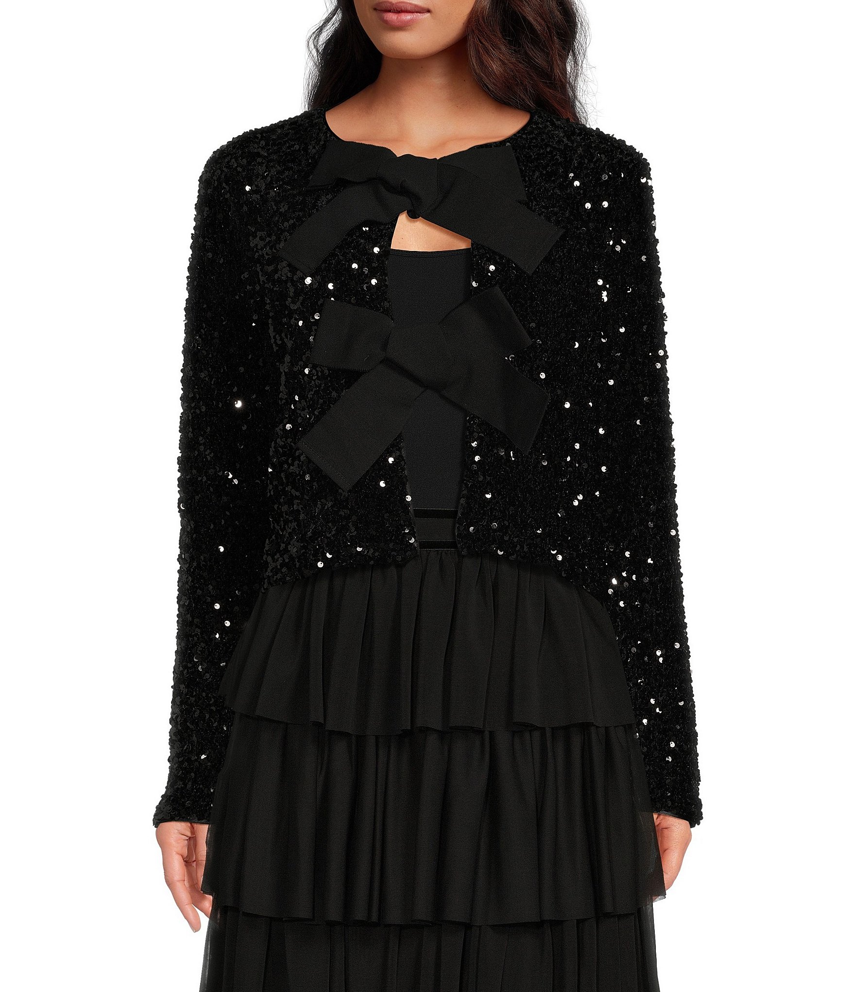 A Loves A Sequin Crew Neck Long Sleeve Bow Tie Front Cropped Cardigan