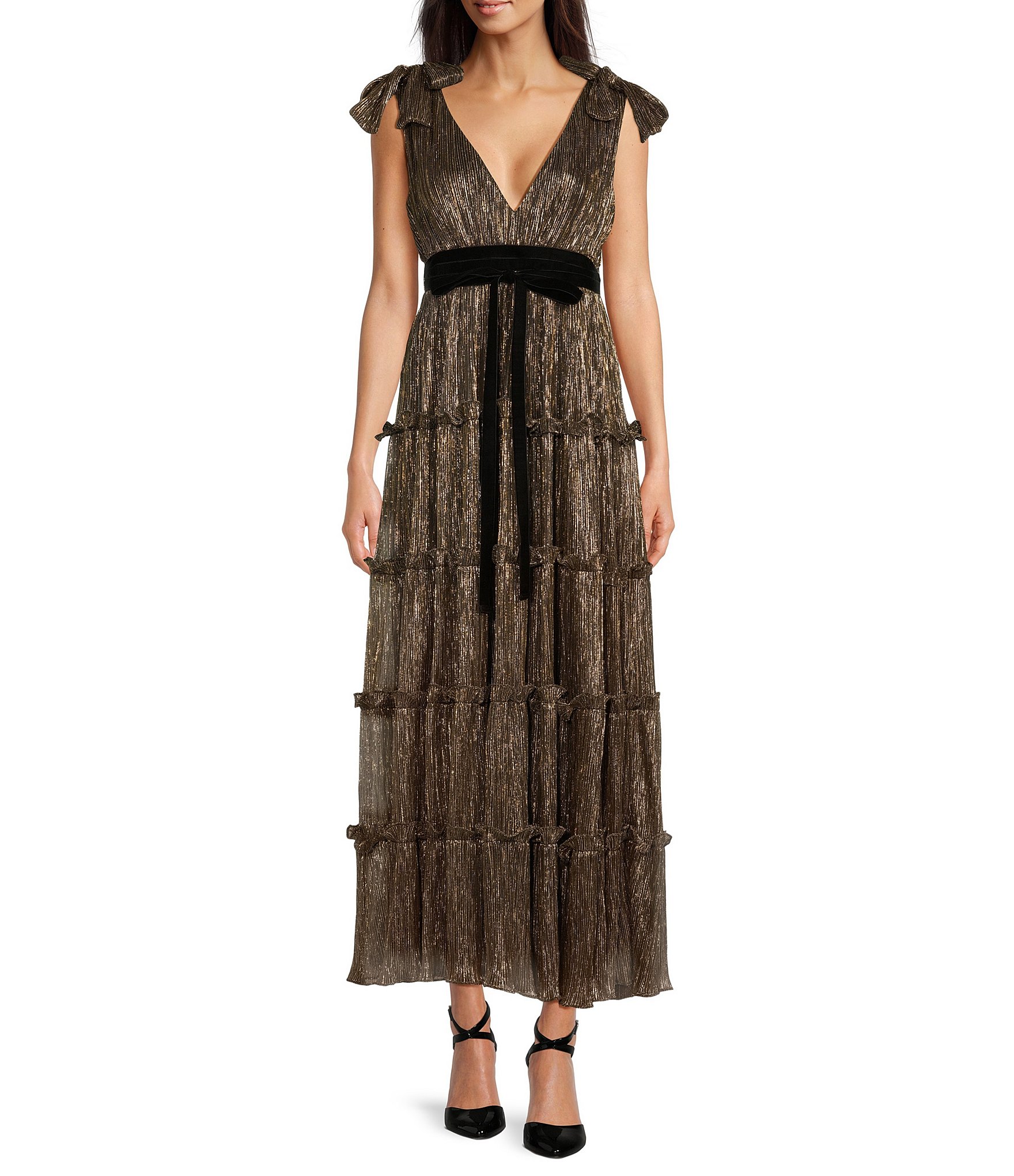 A Loves A Sleeveless Metallic Bow Detail Tiered Maxi Dress | Dillard's