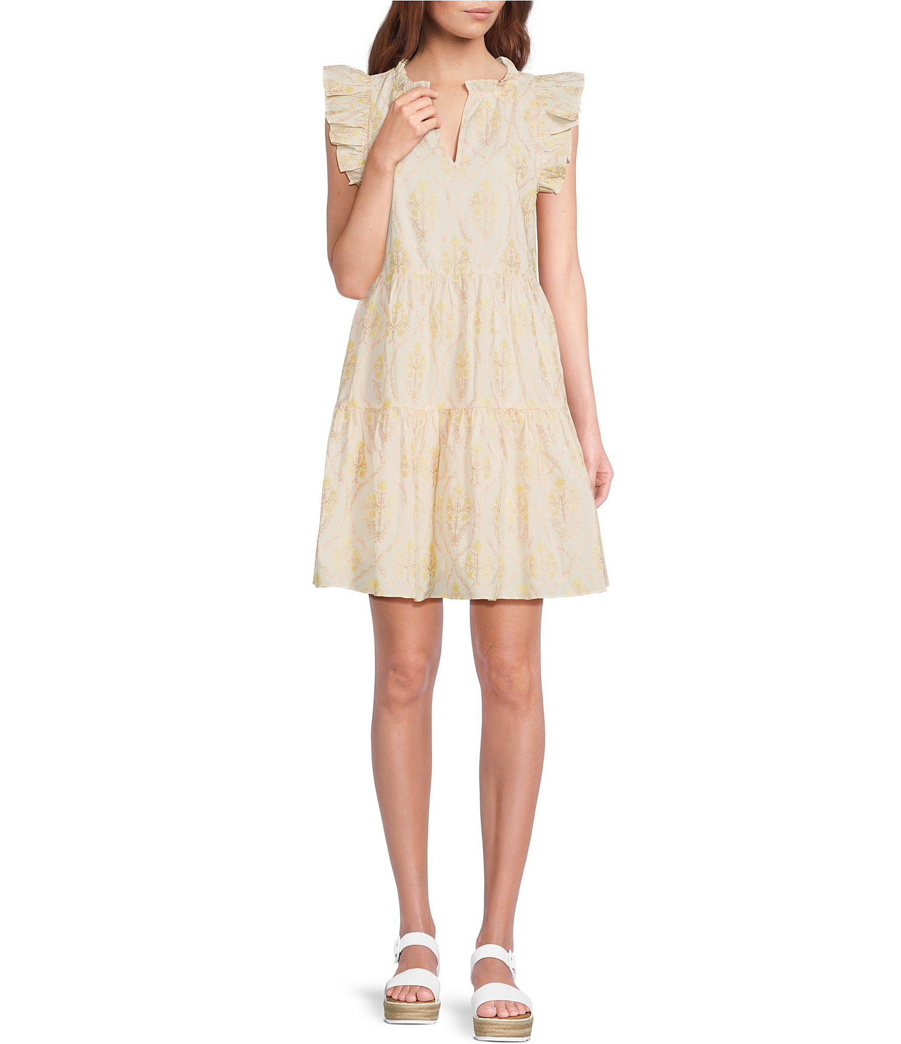 A Loves A Split V-Neck Ruffle Cap Sleeve Tiered Embroidered Mini Dress ...