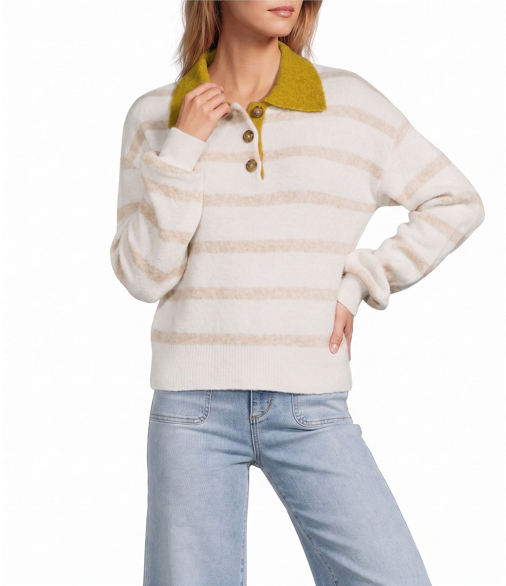 A Loves A Striped Collared Long Sleeve Polo Sweater