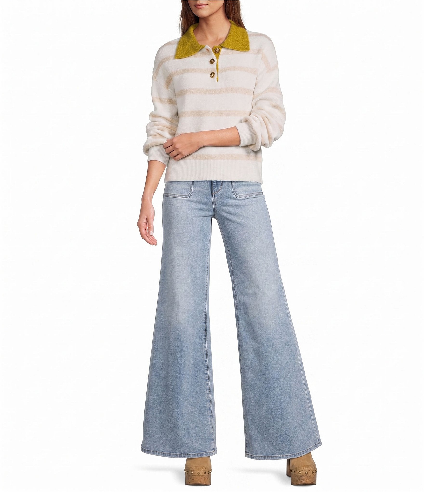 A Loves A Striped Collared Long Sleeve Polo Sweater