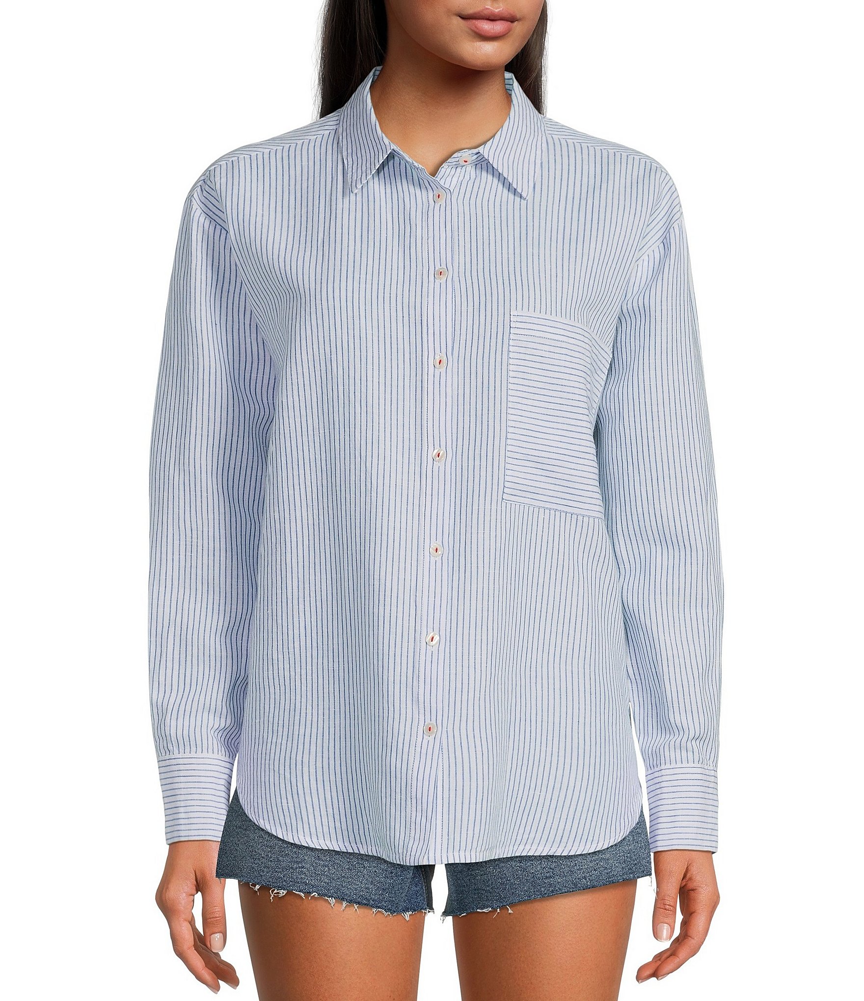 A Loves A Striped Print Long Sleeve Point Collar Patch Pocket Button ...