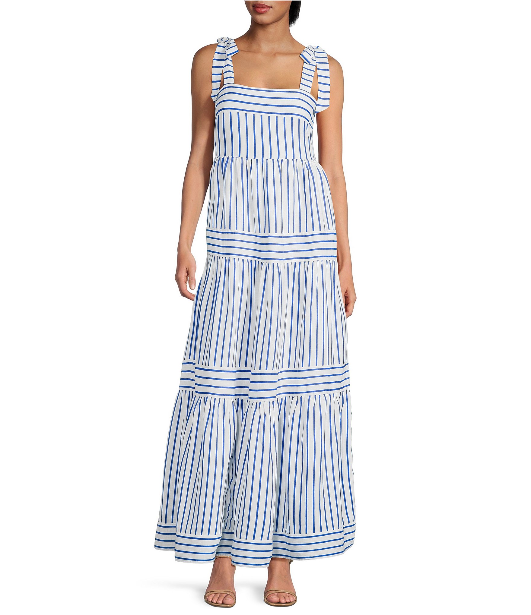 A Loves A Stripe Print Square Neck Tie Strap Tiered A-Line Flounce Maxi Dress