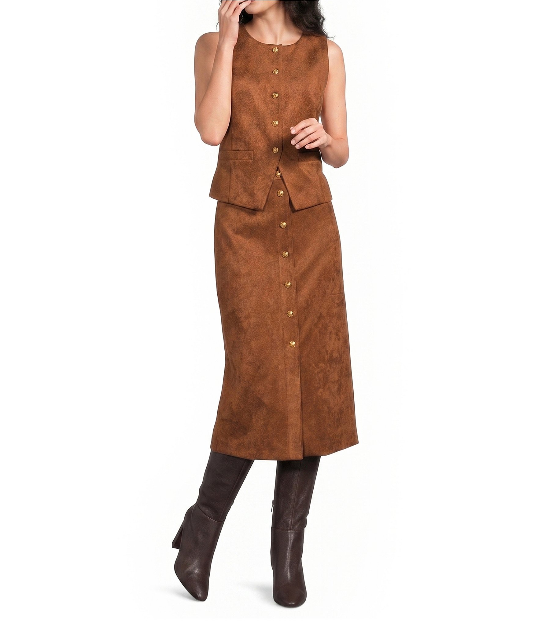 A Loves A Suede Button Front Coordinating Midi Skirt