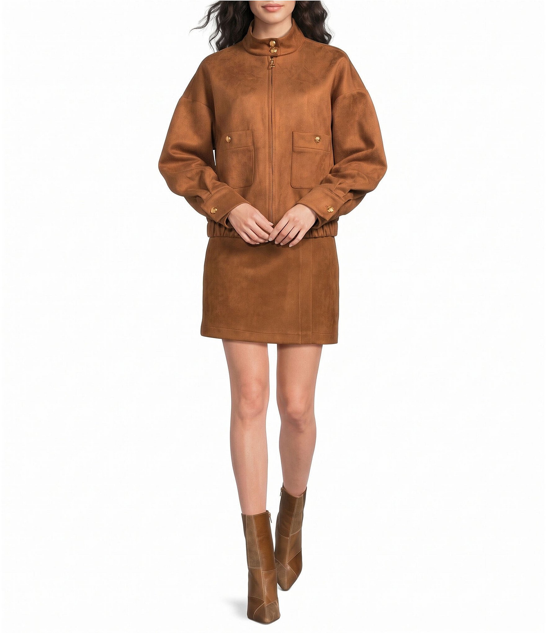 A Loves A Suede Mock Neck Long Sleeve Bomber Jacket