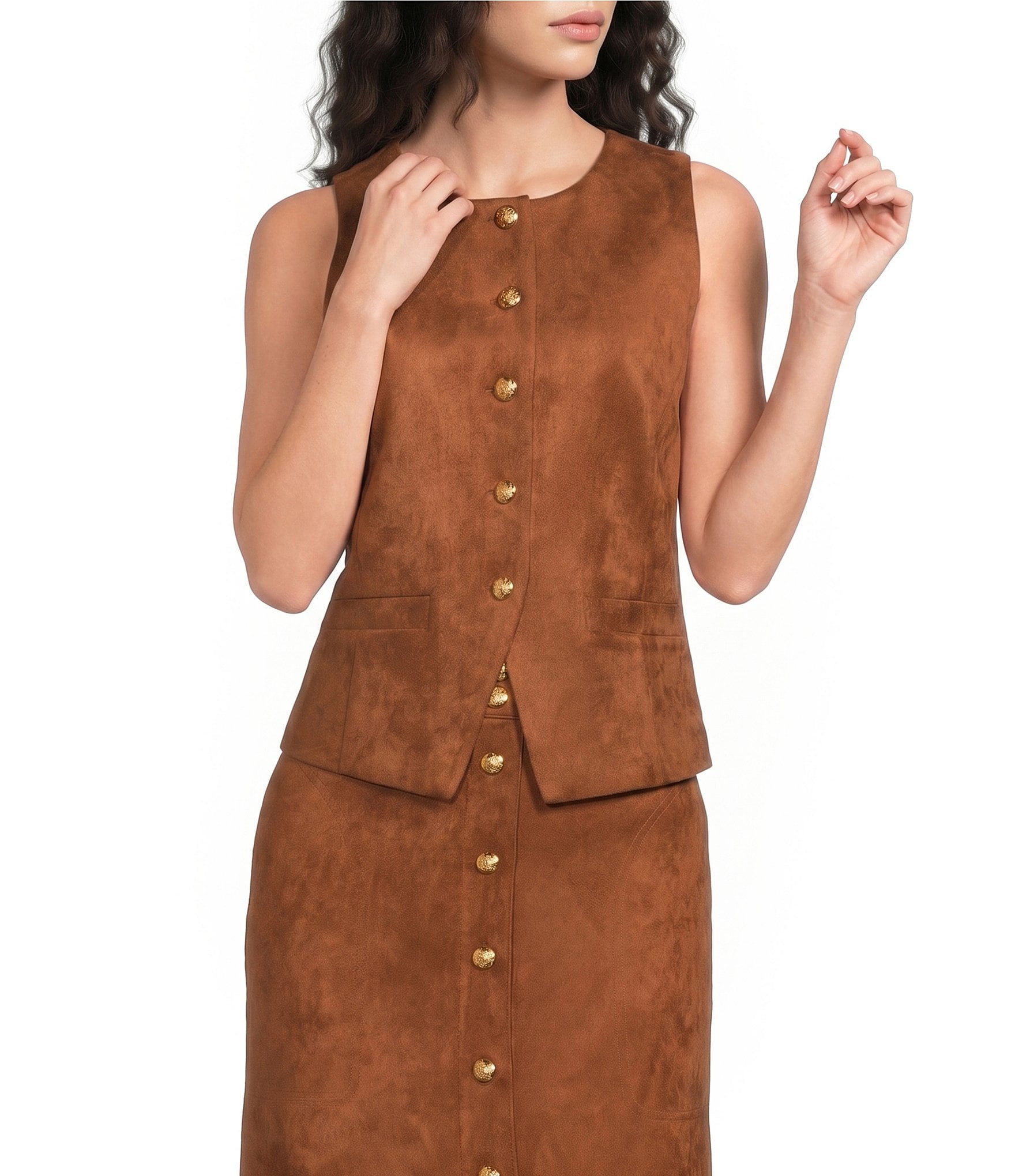 A Loves A Suede Round Neck Sleeveless Button Front Coordinating Vest Top