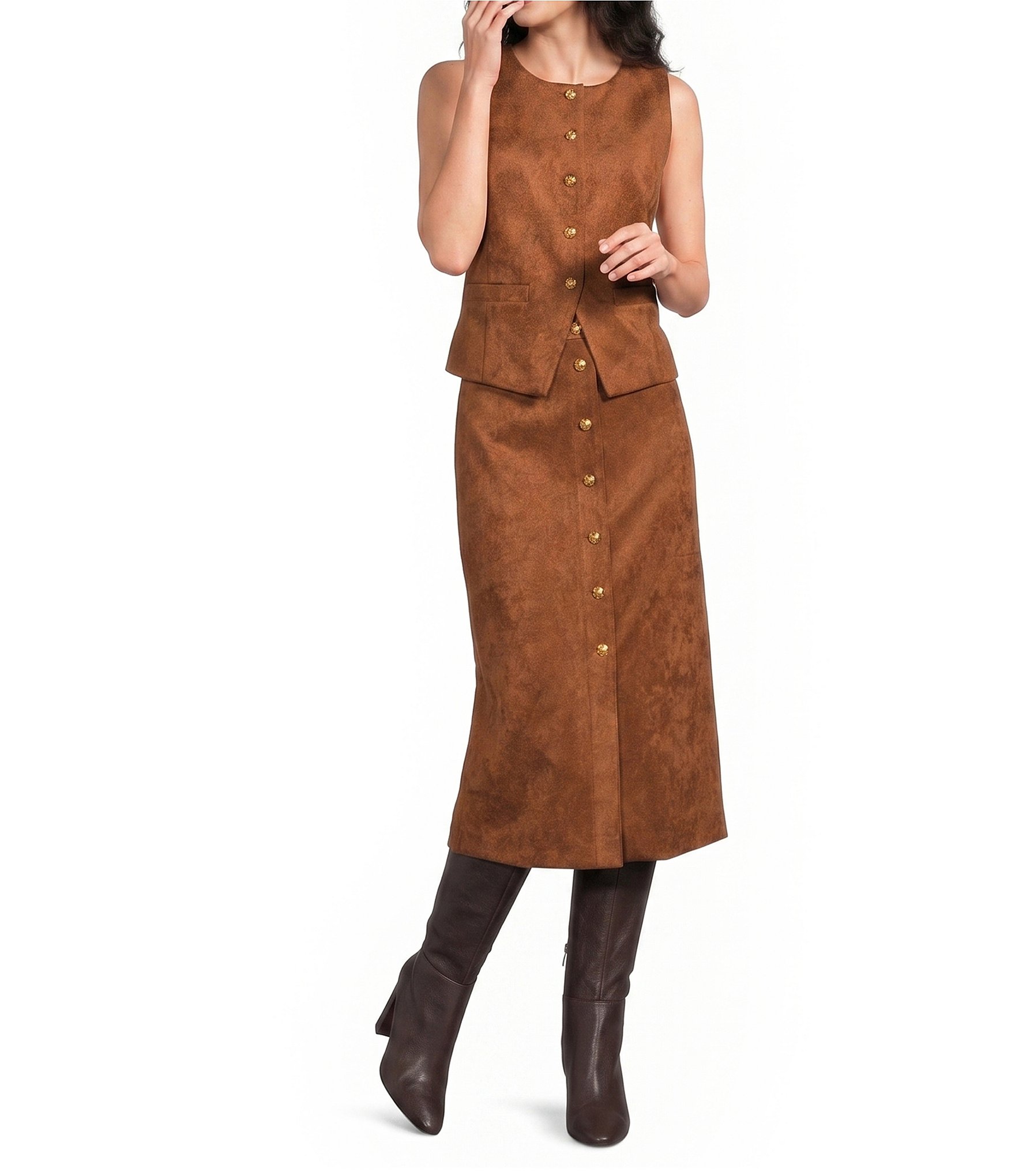 A Loves A Suede Round Neck Sleeveless Button Front Coordinating Vest Top