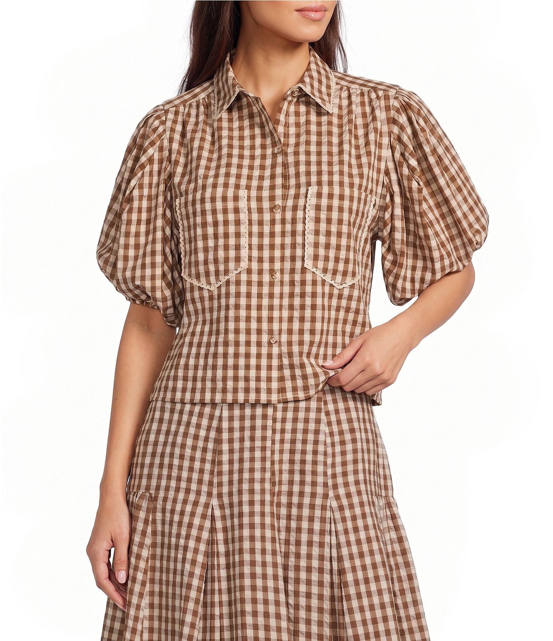 A Loves A Woven Checker Gingham Print Collared Neck Short Bubble Sleeve Button Front Coordinating Shirt