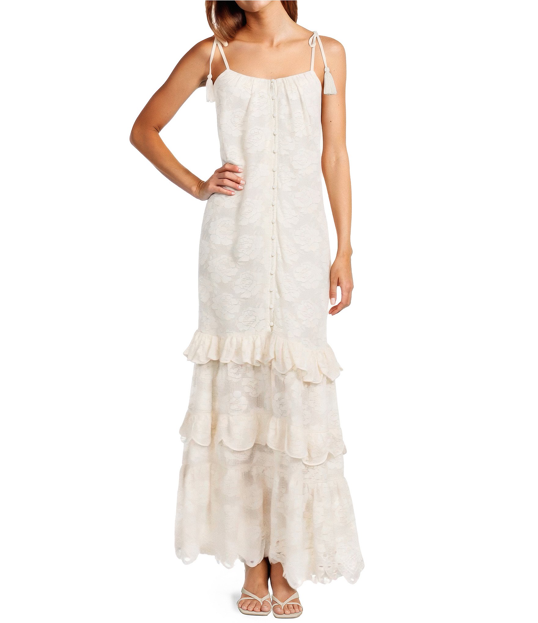 A Loves A Woven Embroidered Lace Sqaure Neck Spaghetti Tie Strap Button Front Tiered Flounce Maxi Dress