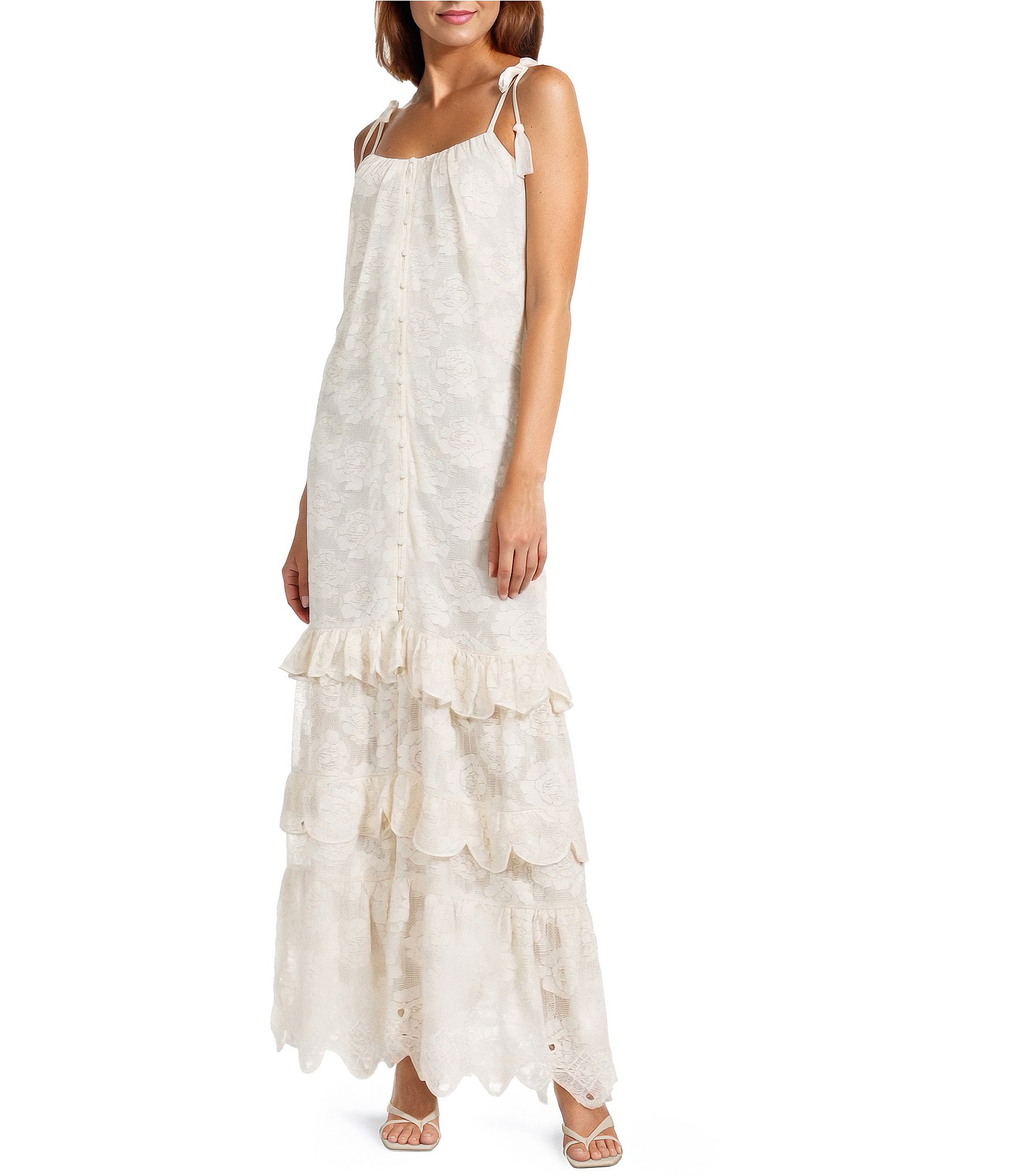 A Loves A Woven Embroidered Lace Sqaure Neck Spaghetti Tie Strap Button Front Tiered Flounce Maxi Dress