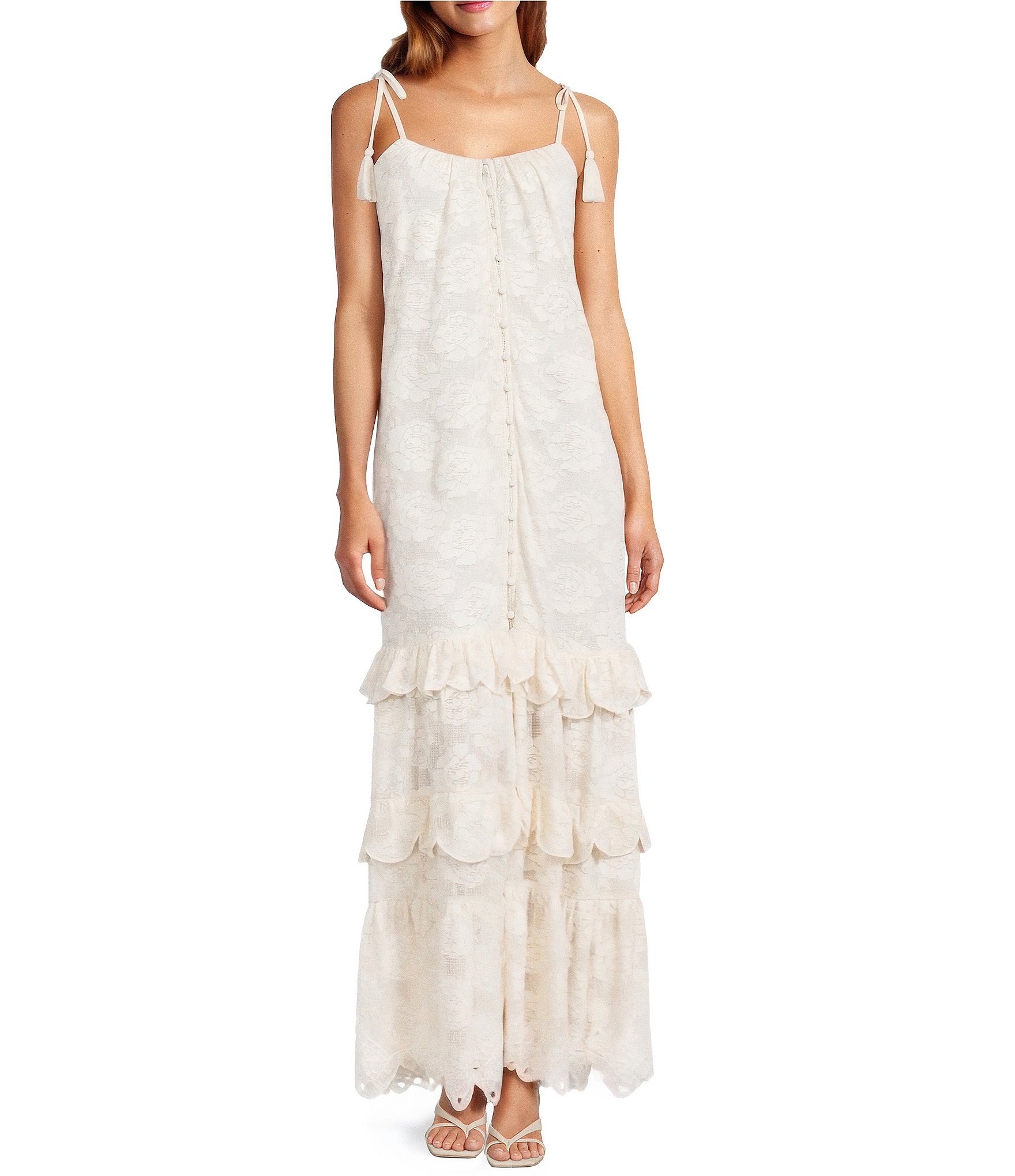 A Loves A Woven Embroidered Lace Sqaure Neck Spaghetti Tie Strap Button Front Tiered Flounce Maxi Dress