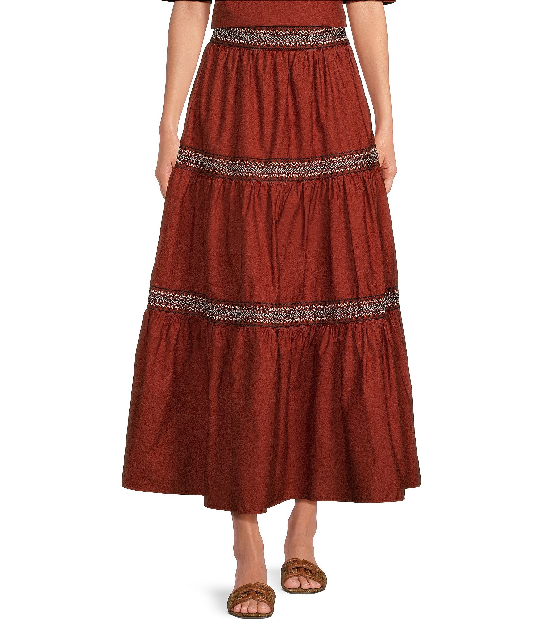 A Loves A Woven Embroidered Trim Tiered A-Line Coordinating Maxi Skirt