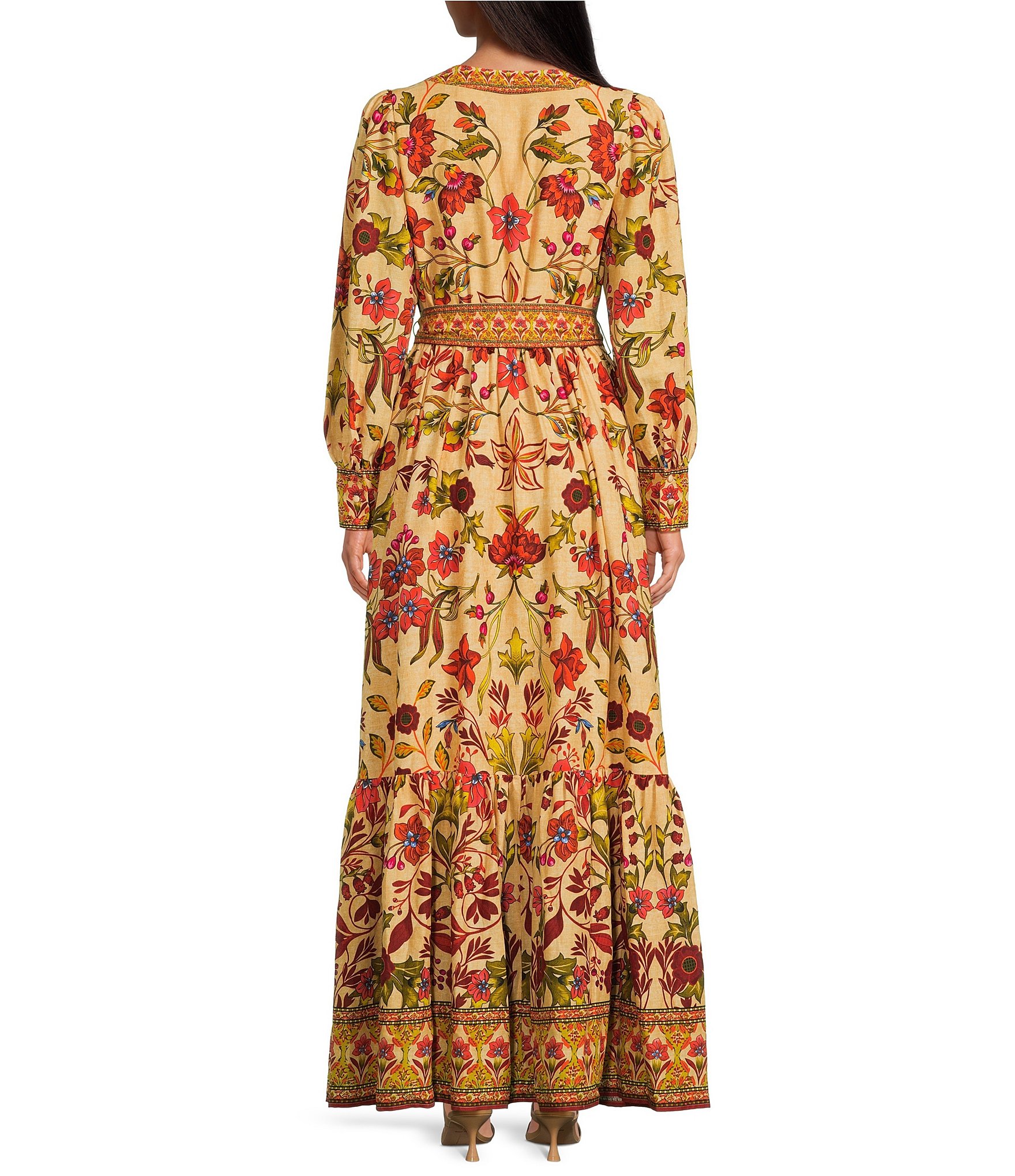 A Loves A Woven Floral Print Deep V-Neck Long Bubble Sleeve Tiered A-Line Flounce Maxi Dress
