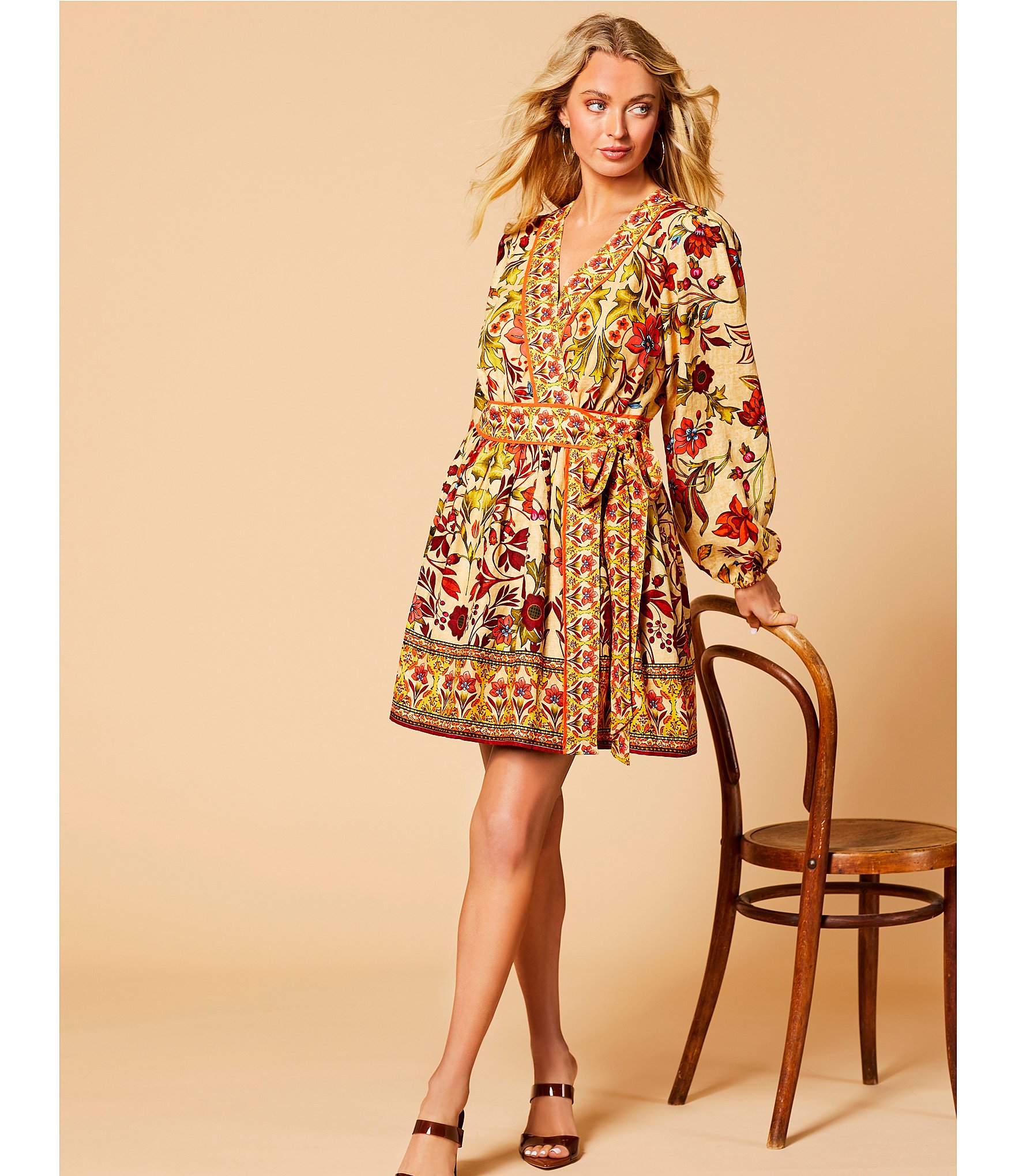 A Loves A Woven Floral Print Surplice V-Neck Long Bubble Sleeve A-Line Wrap Above the Knee Dress