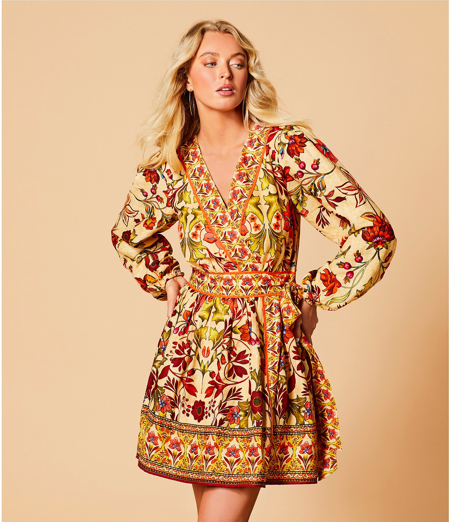A Loves A Woven Floral Print Surplice V-Neck Long Bubble Sleeve A-Line Wrap Above the Knee Dress