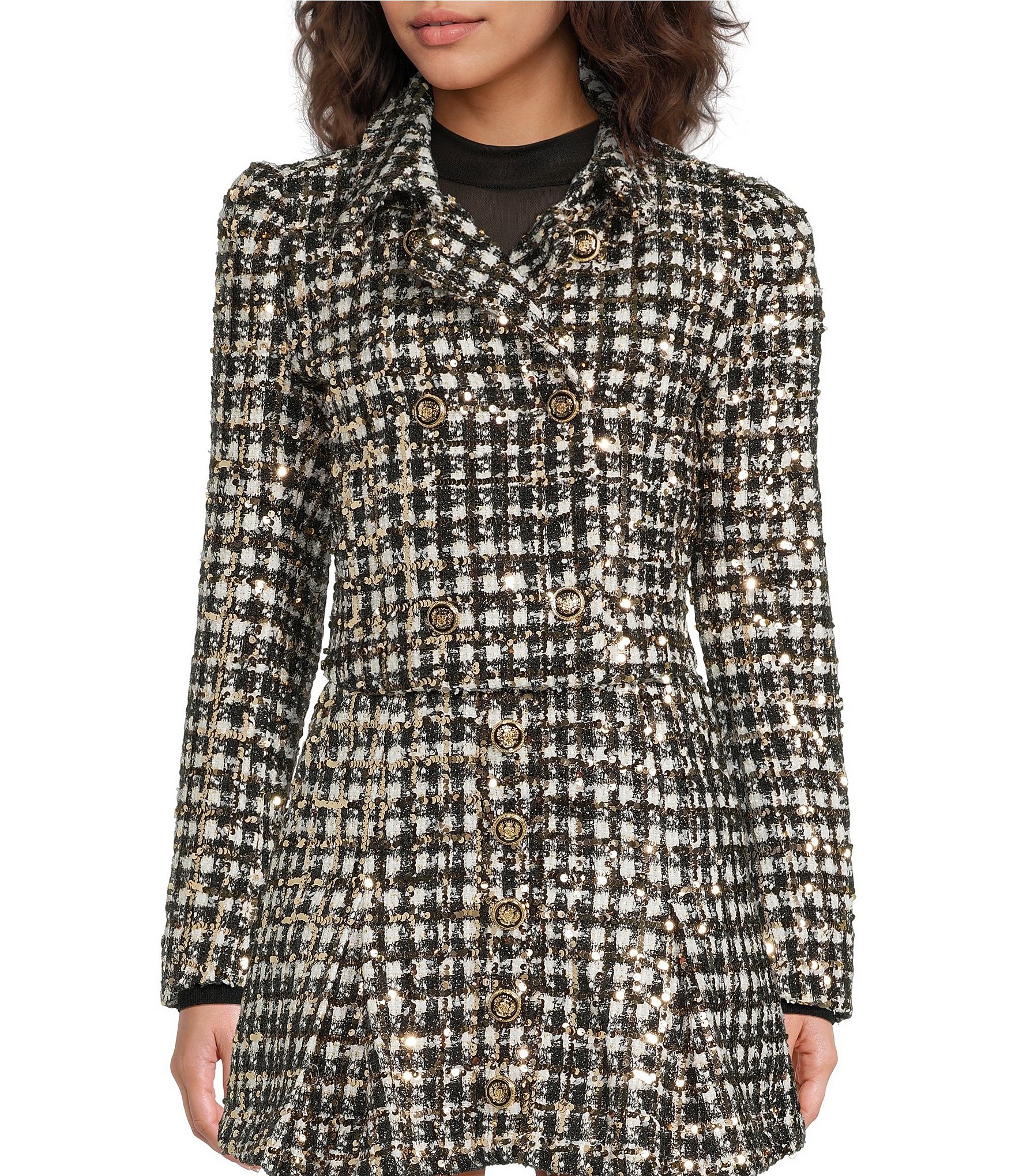 A Loves A Woven Metallic Houndstooth Point Collar Long Sleeve Button Front Cropped Coordinating Blazer