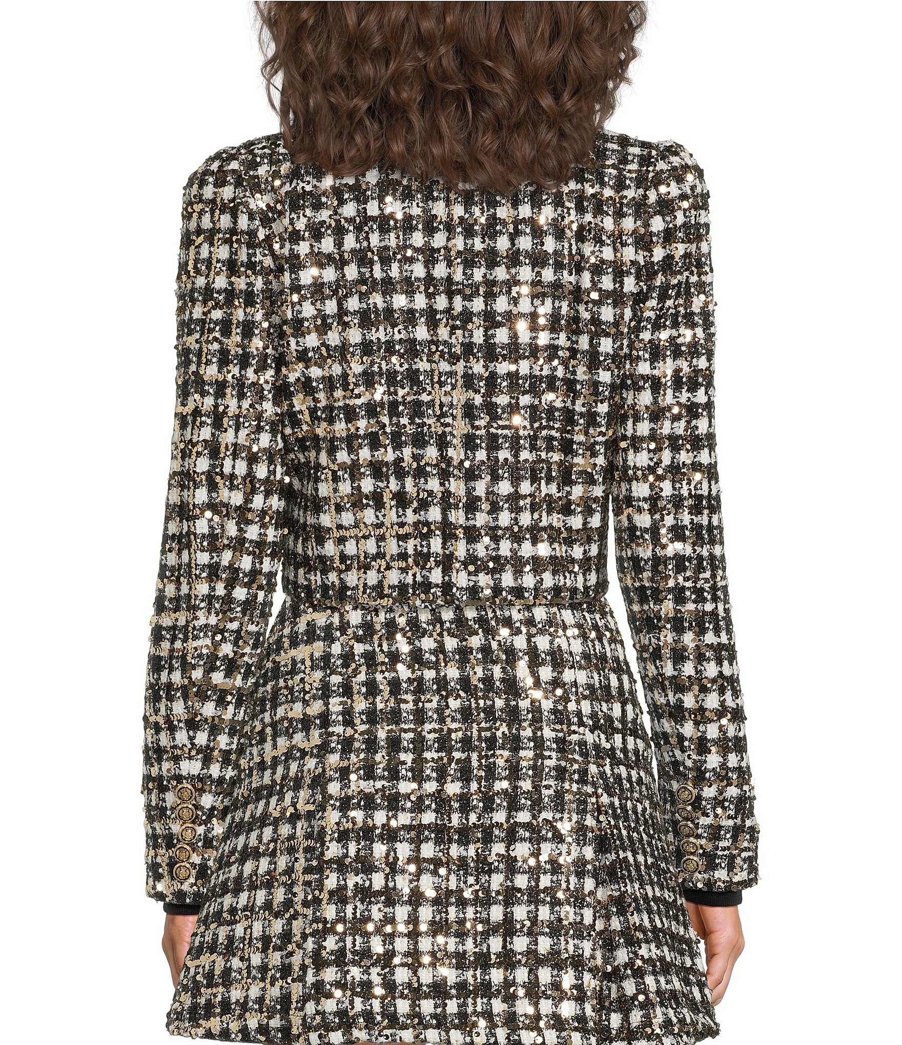 A Loves A Woven Metallic Houndstooth Point Collar Long Sleeve Button Front Cropped Coordinating Blazer