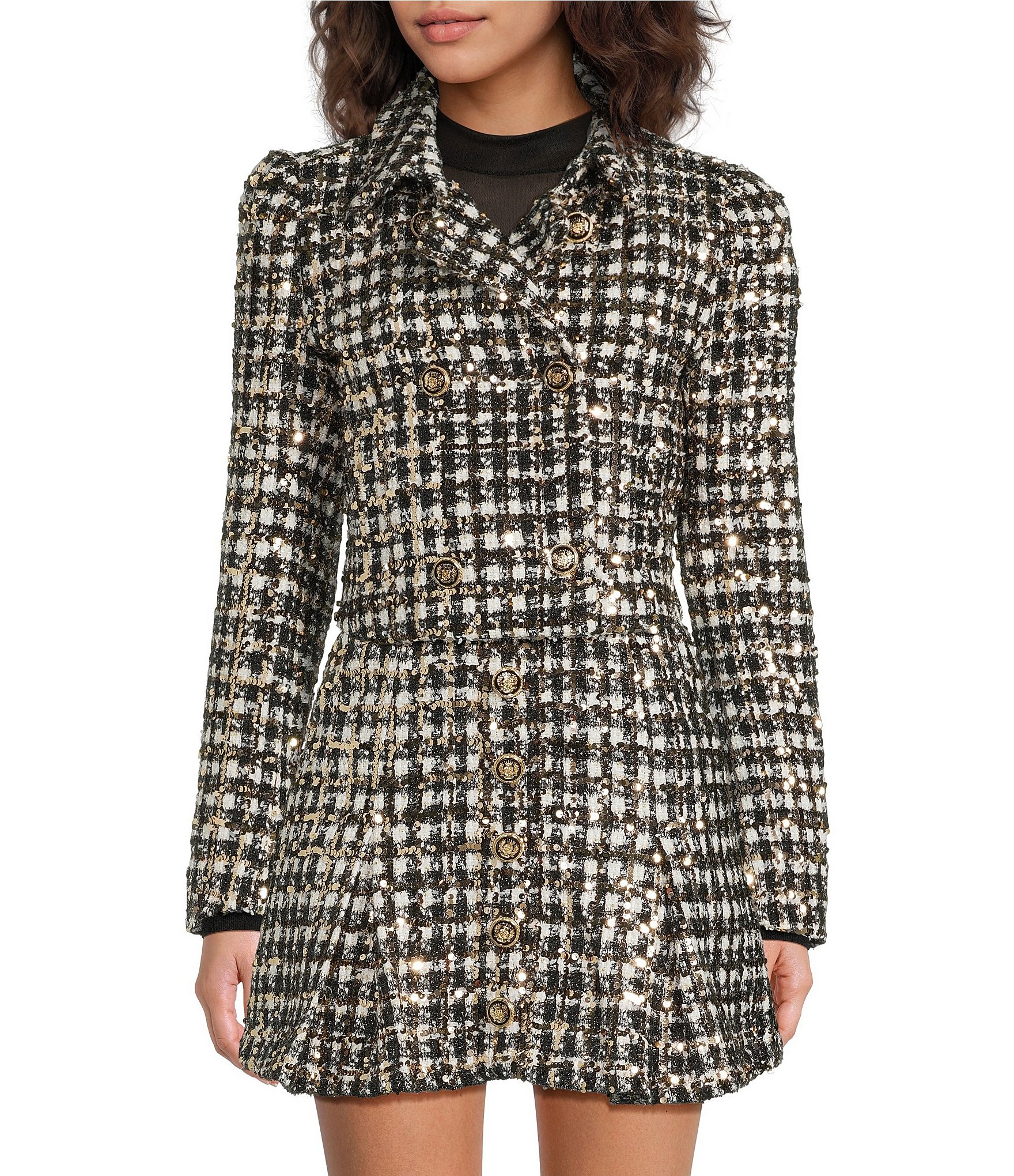 A Loves A Woven Metallic Houndstooth Point Collar Long Sleeve Button Front Cropped Coordinating Blazer
