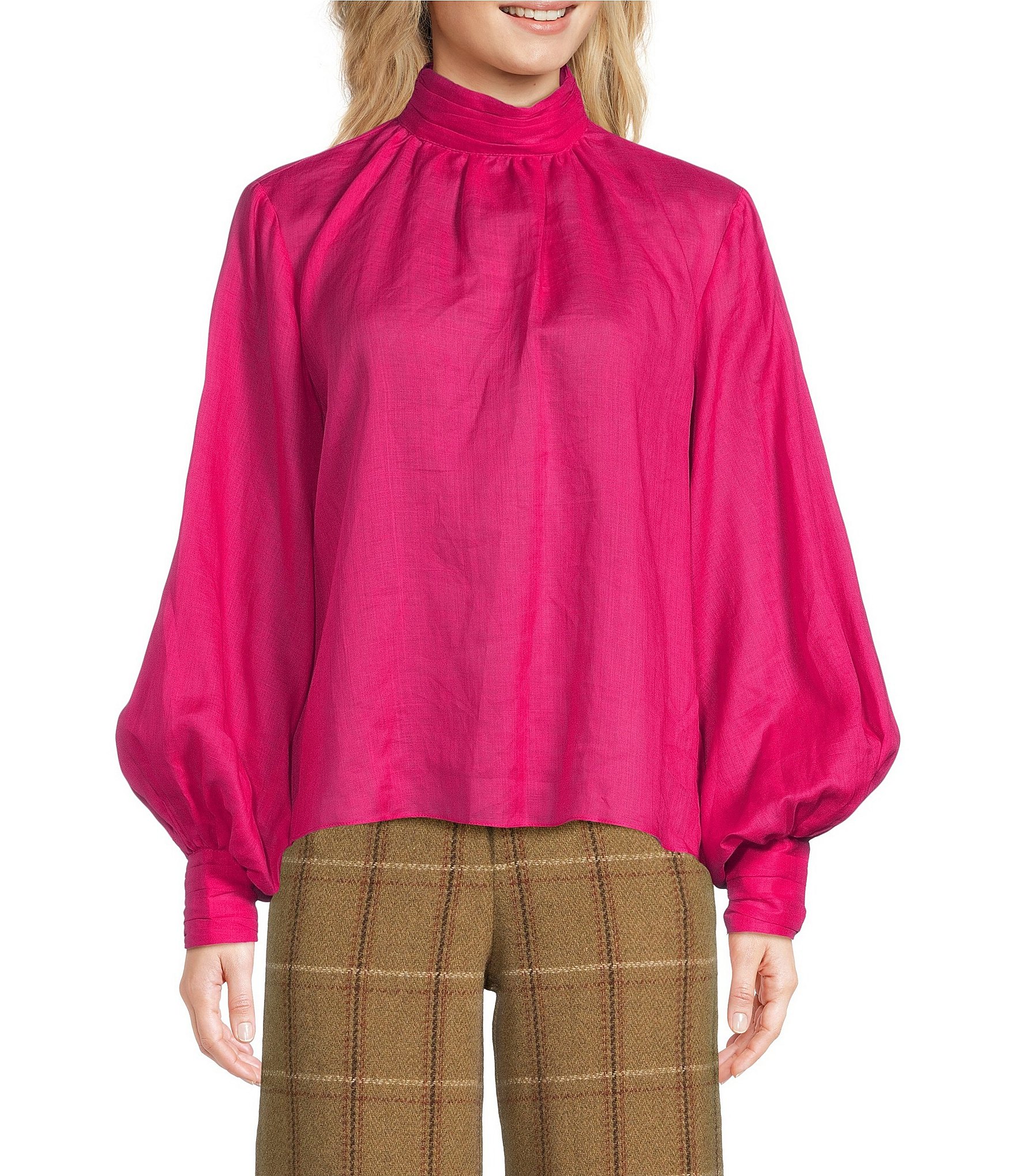 A Loves A Woven Ramie Long Sleeve Mock Tie Neck Blouse | Dillard's