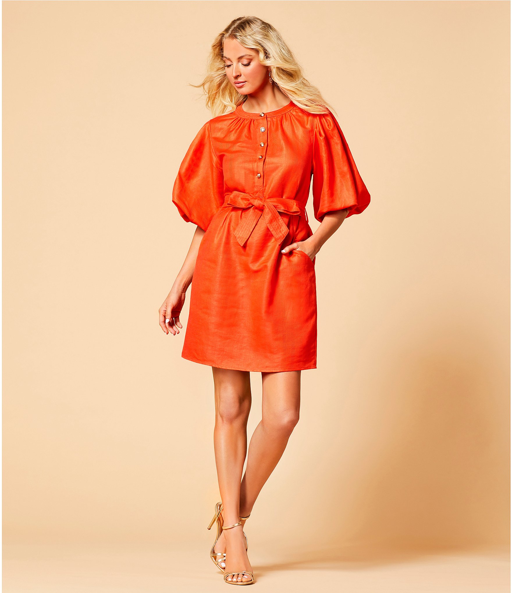 A Loves A Woven Ruched Crew Neck Short Bubble Sleeve Button Front Tie Waist Sheath Mini Dress
