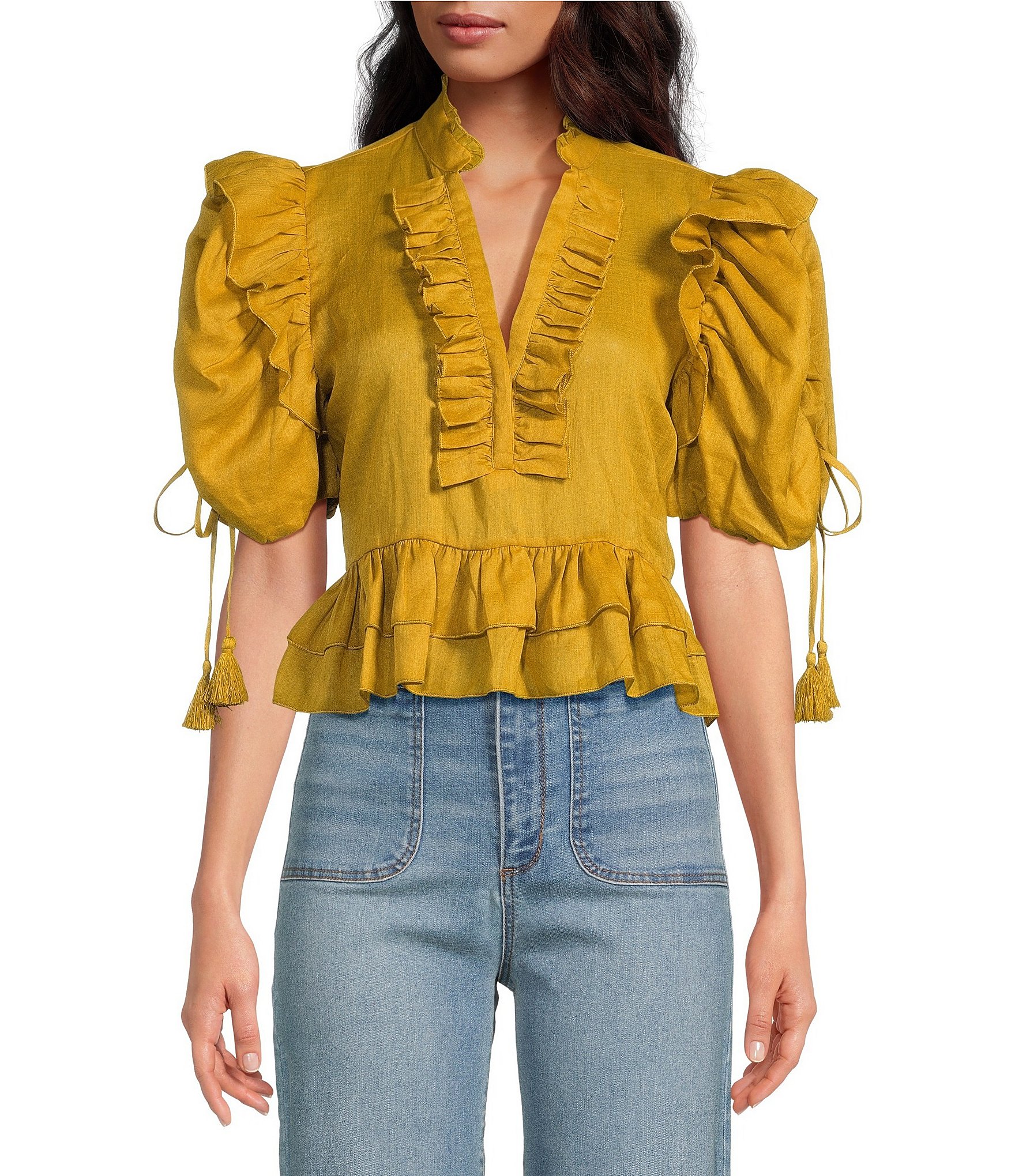 A Loves A Woven Ruffle Split V-Neck Short Bubble Sleeve Cropped Flounce Blouse