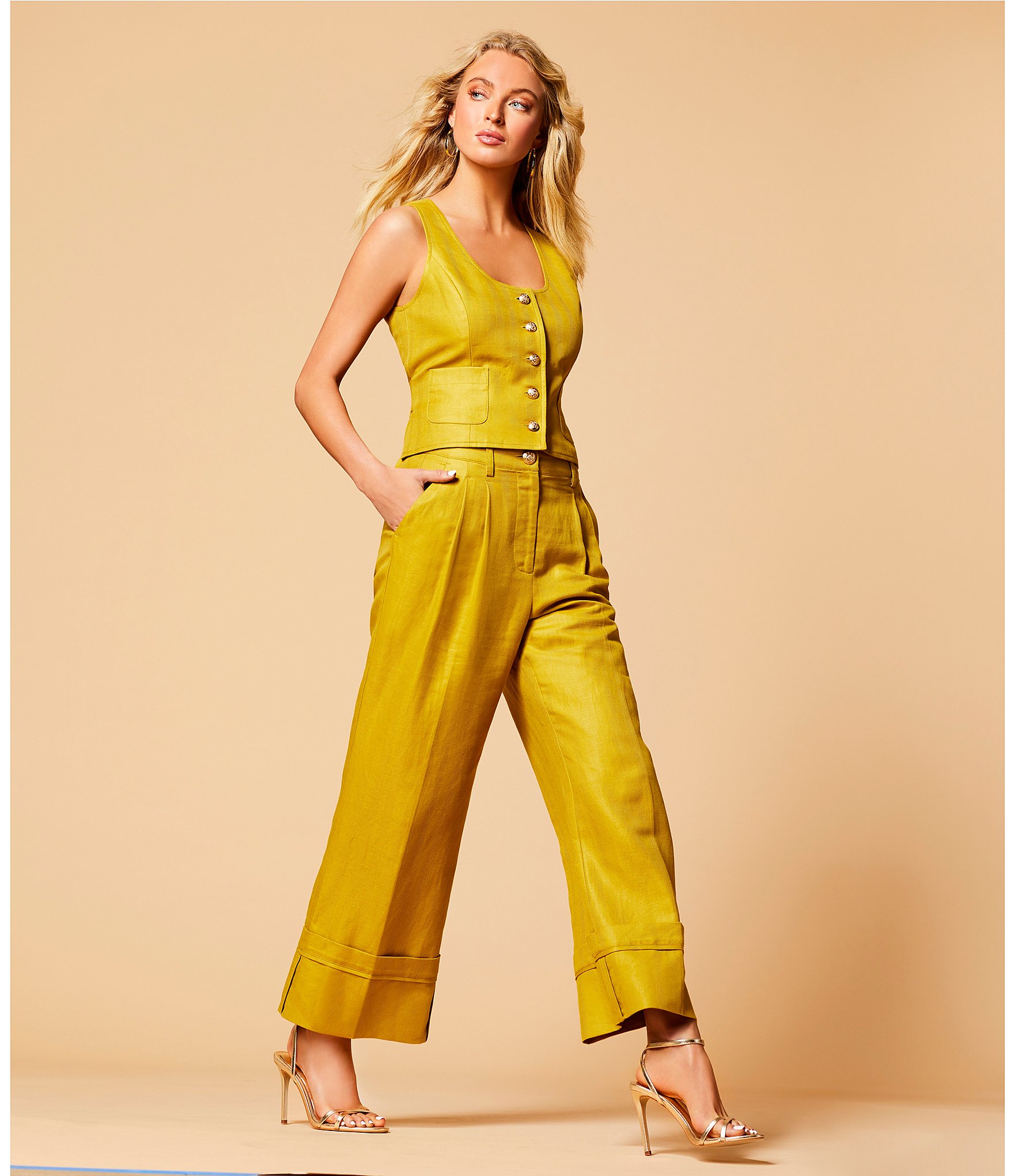 A Loves A Woven Scoop Neck Embellished Button Front Sleeveless Cropped Coordinating Vest