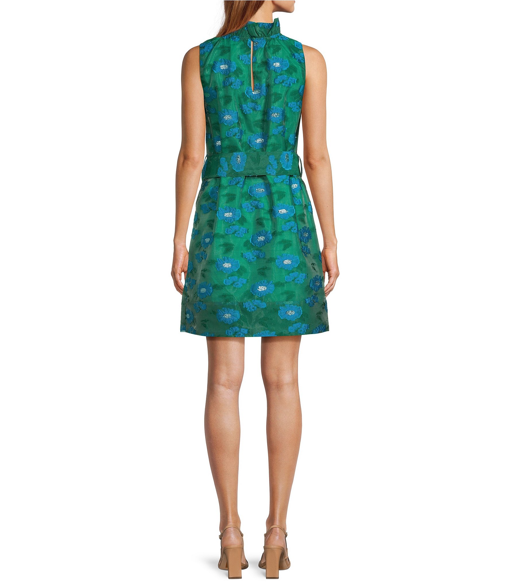 Abbey Glass Betty Ruffle Mock Neck Tie Waist Floral Mini Dress