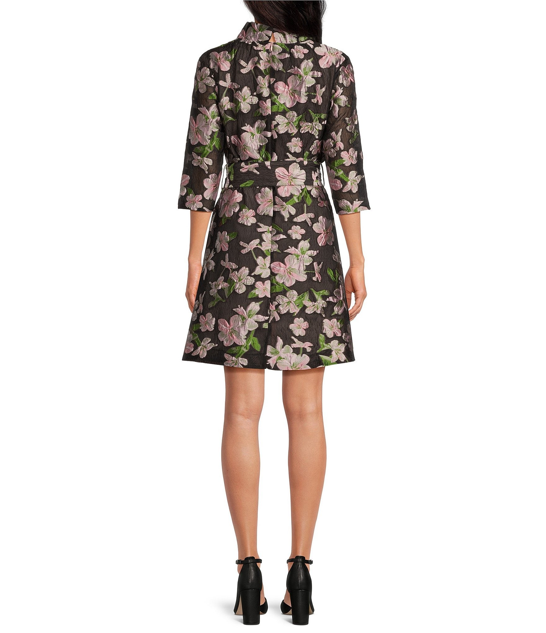 Abbey Glass Claudine Organza Floral Jacquard Ruffle Mock Neck 3/4 Sleeve Tie at Waist Above the Knee Shift Dress