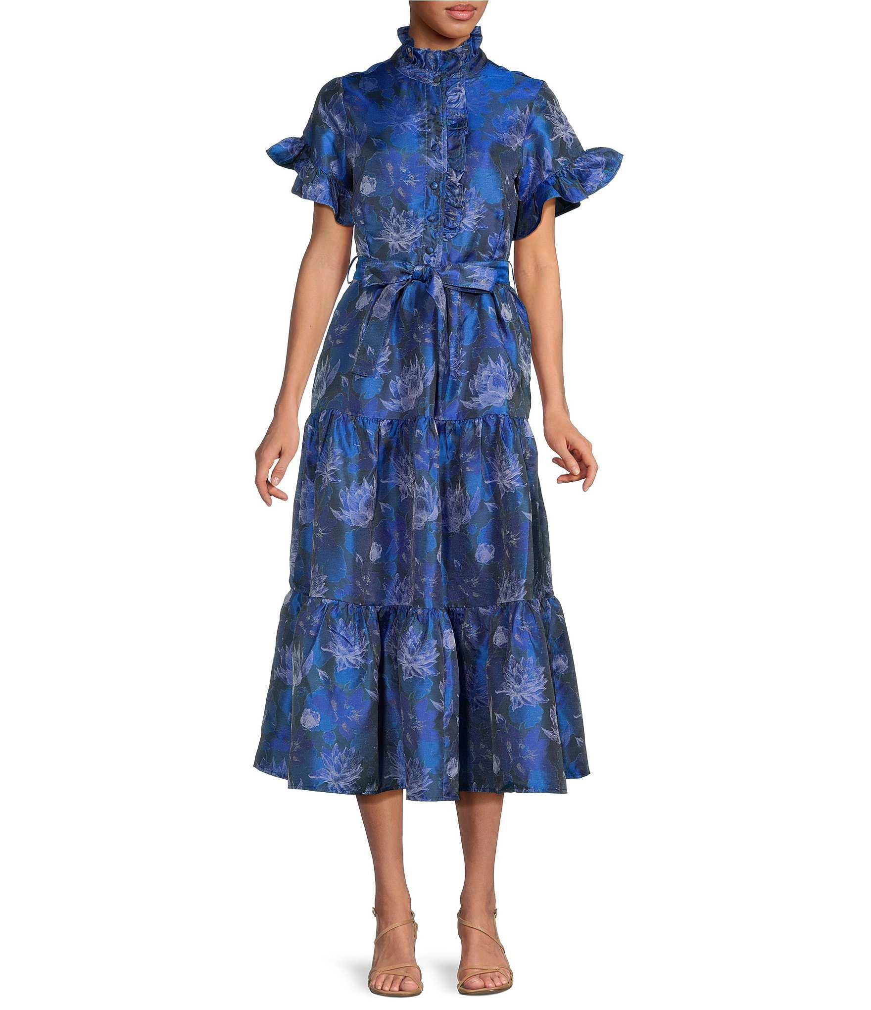 Abbey Glass Floral Print Sadie Ruffle Stand Collar Short Sleeve Tie Waist Tiered Pocketed Midi Dress