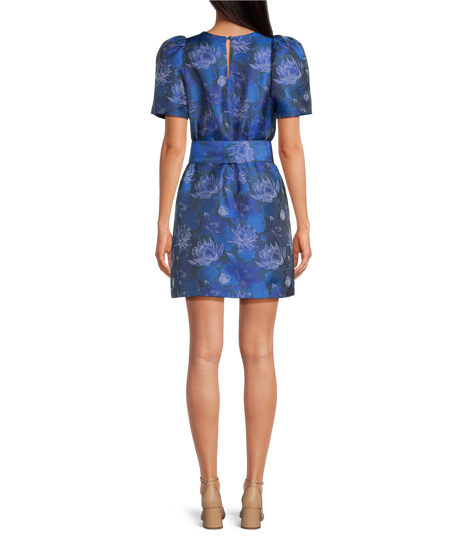 Abbey Glass Marty Floral Print Jacquard Round Neck Short Sleeve Shift Mini Dress