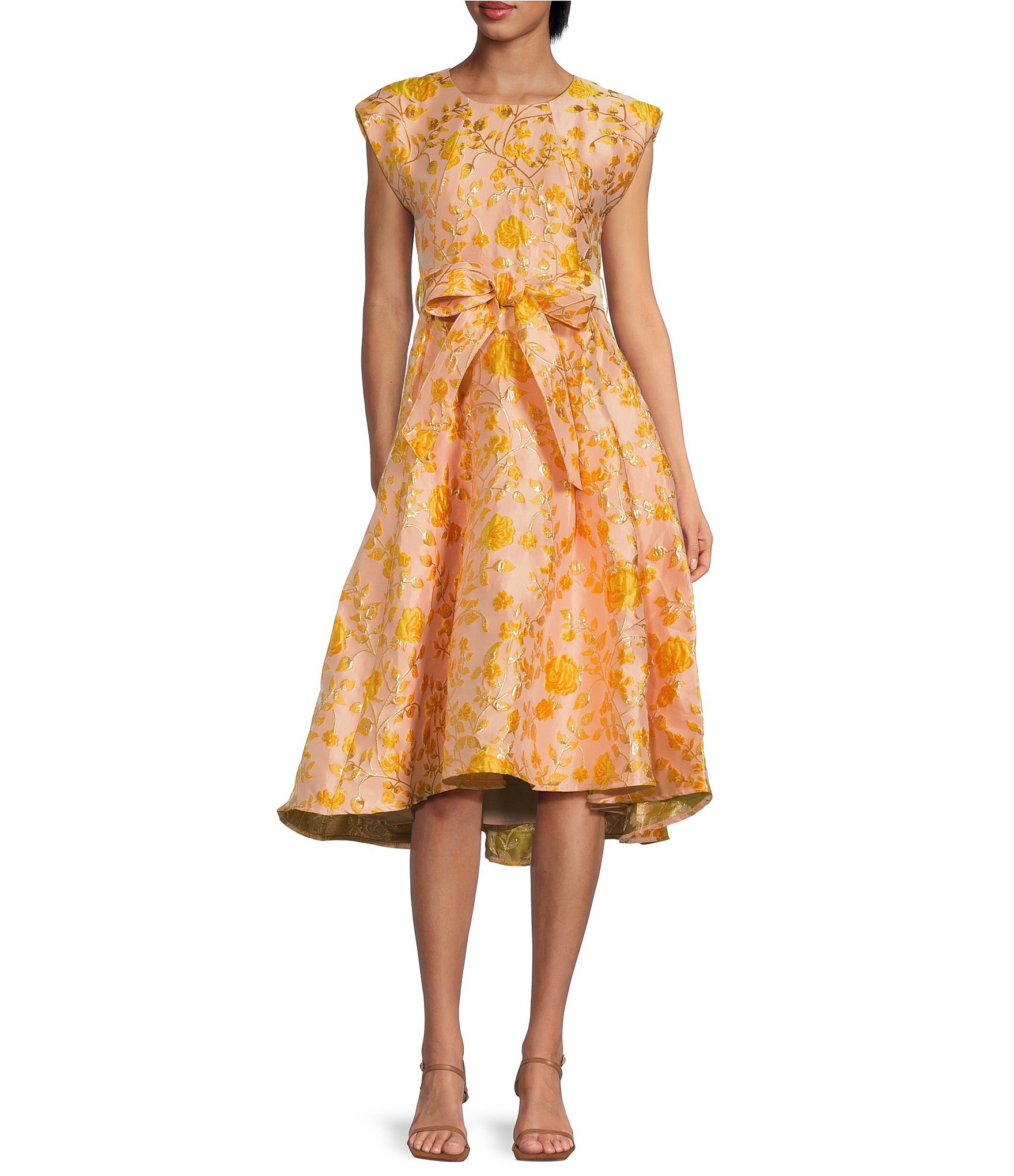 Abbey Glass Olivia Floral Jacquard Crew Neck Short Sleeve Self-Tie Belt Midi Dress