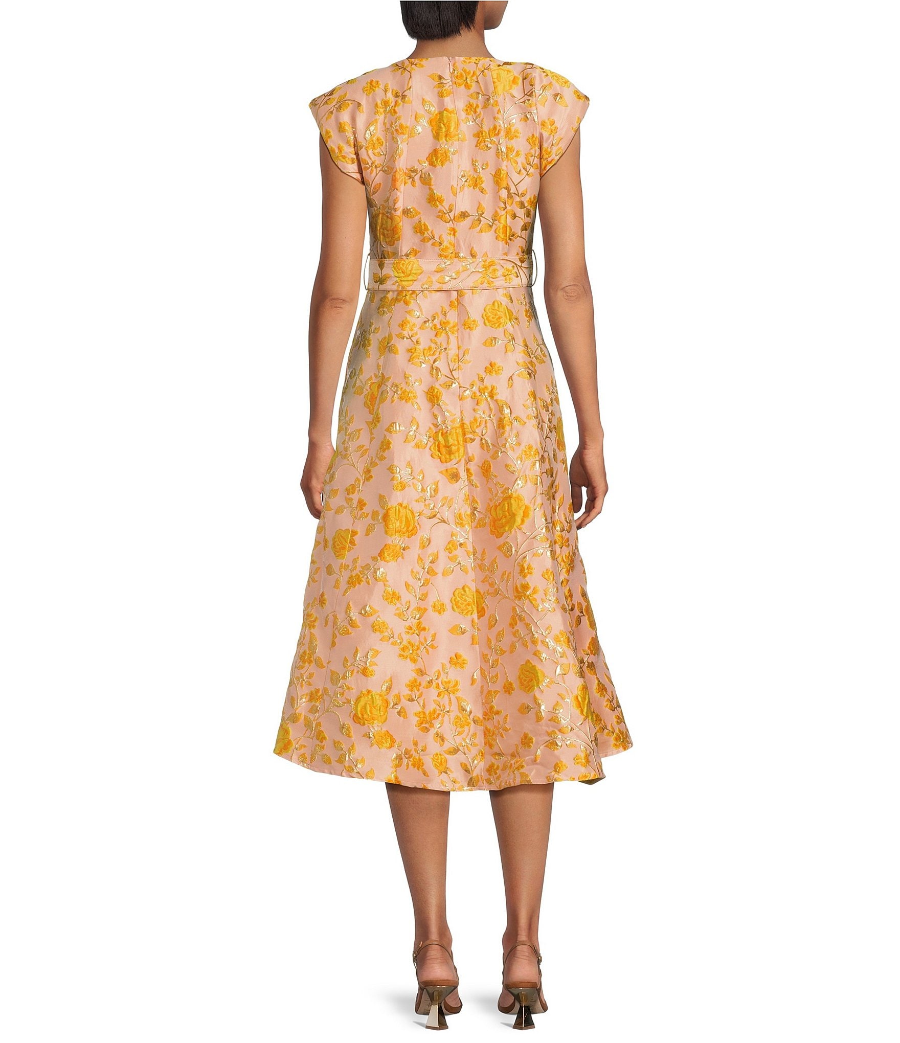 Abbey Glass Olivia Floral Jacquard Crew Neck Short Sleeve Self-Tie Belt Midi Dress