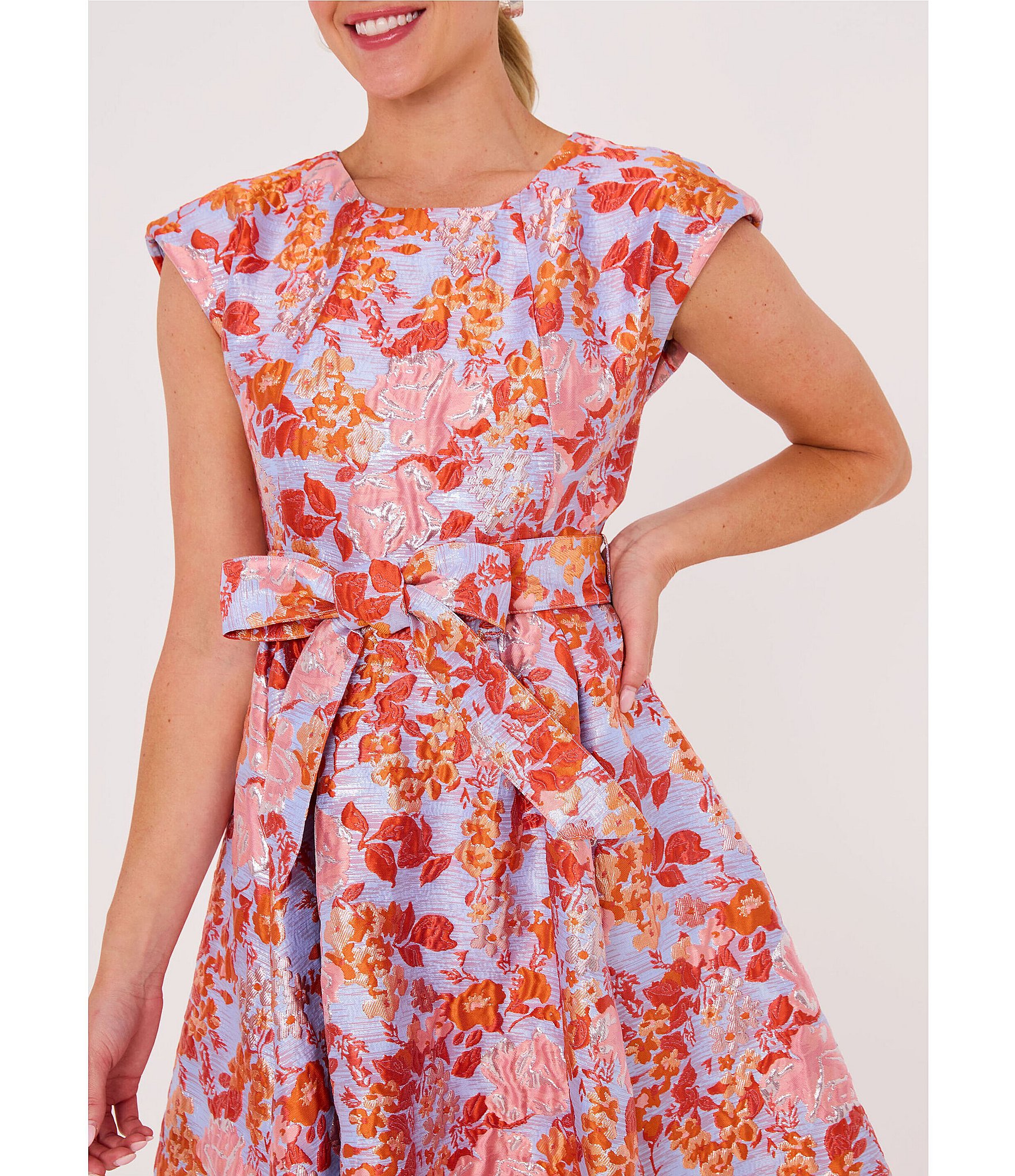 Abbey Glass Olivia Printed Round Neckline Cap Sleeve Organza A-Line Gown