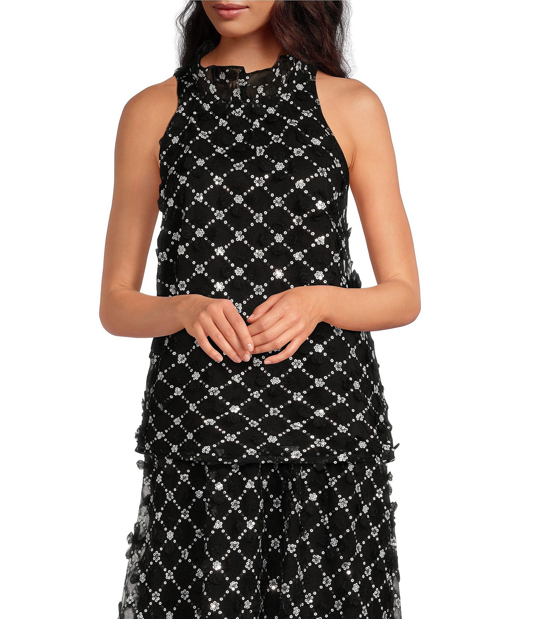 Abbey Glass Rory Sequin Lace Ruffle Neck Sleeveless Halter Top | Dillard's