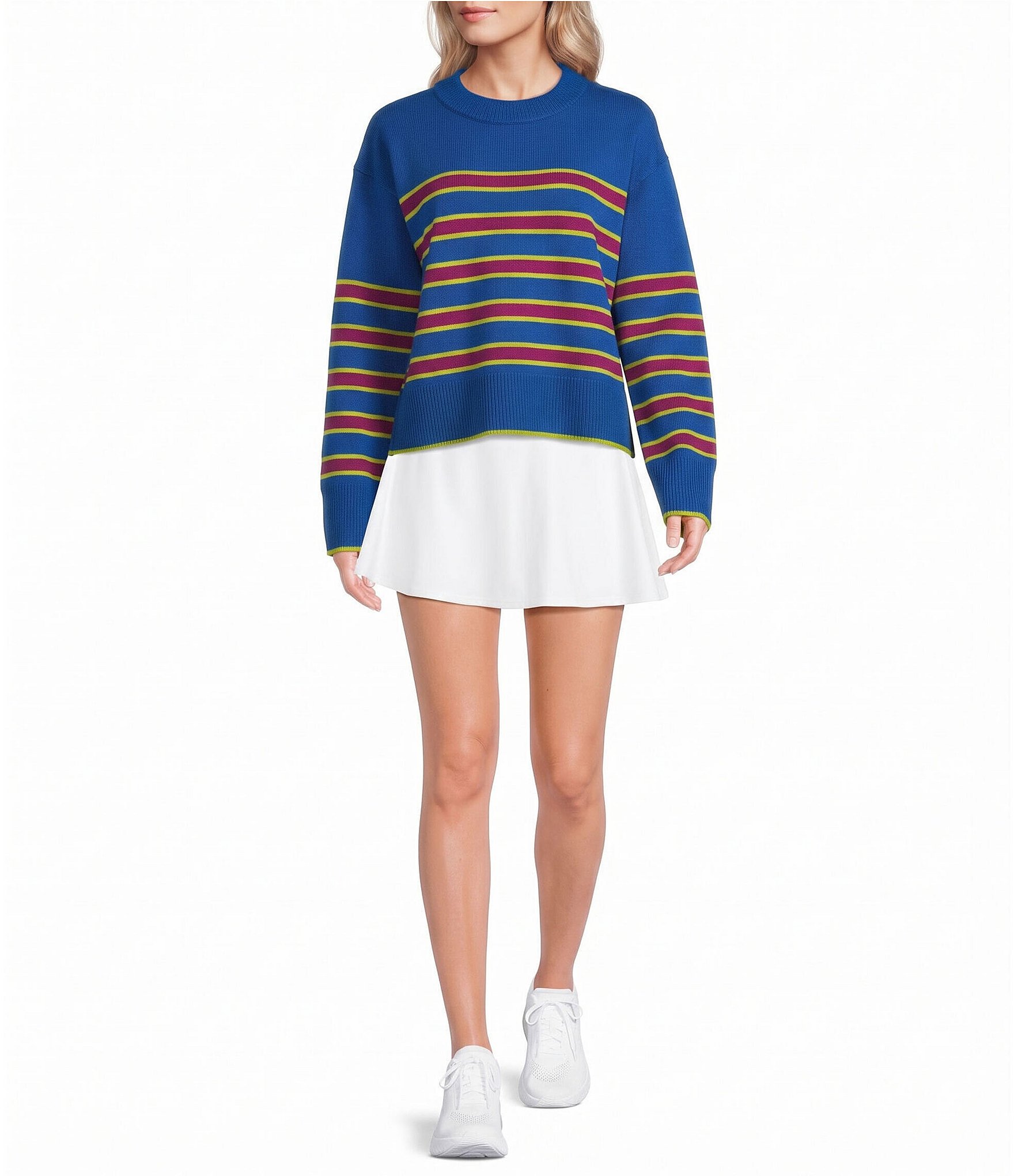 Addison Bay Junior Carlyle Stripe Crew Neck Long Sleeve Cropped Sweater
