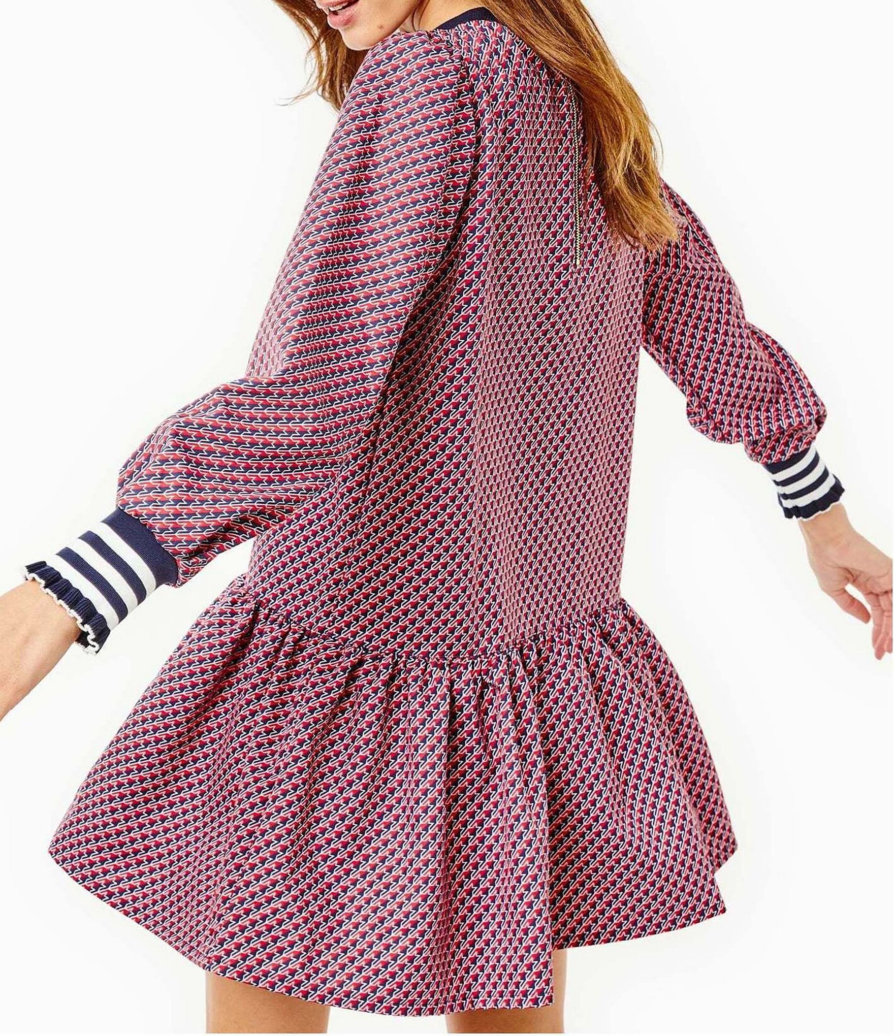 Addison Bay Vine Geometric Print Crew Neck Long Sleeve A-Line Zip Back Dress