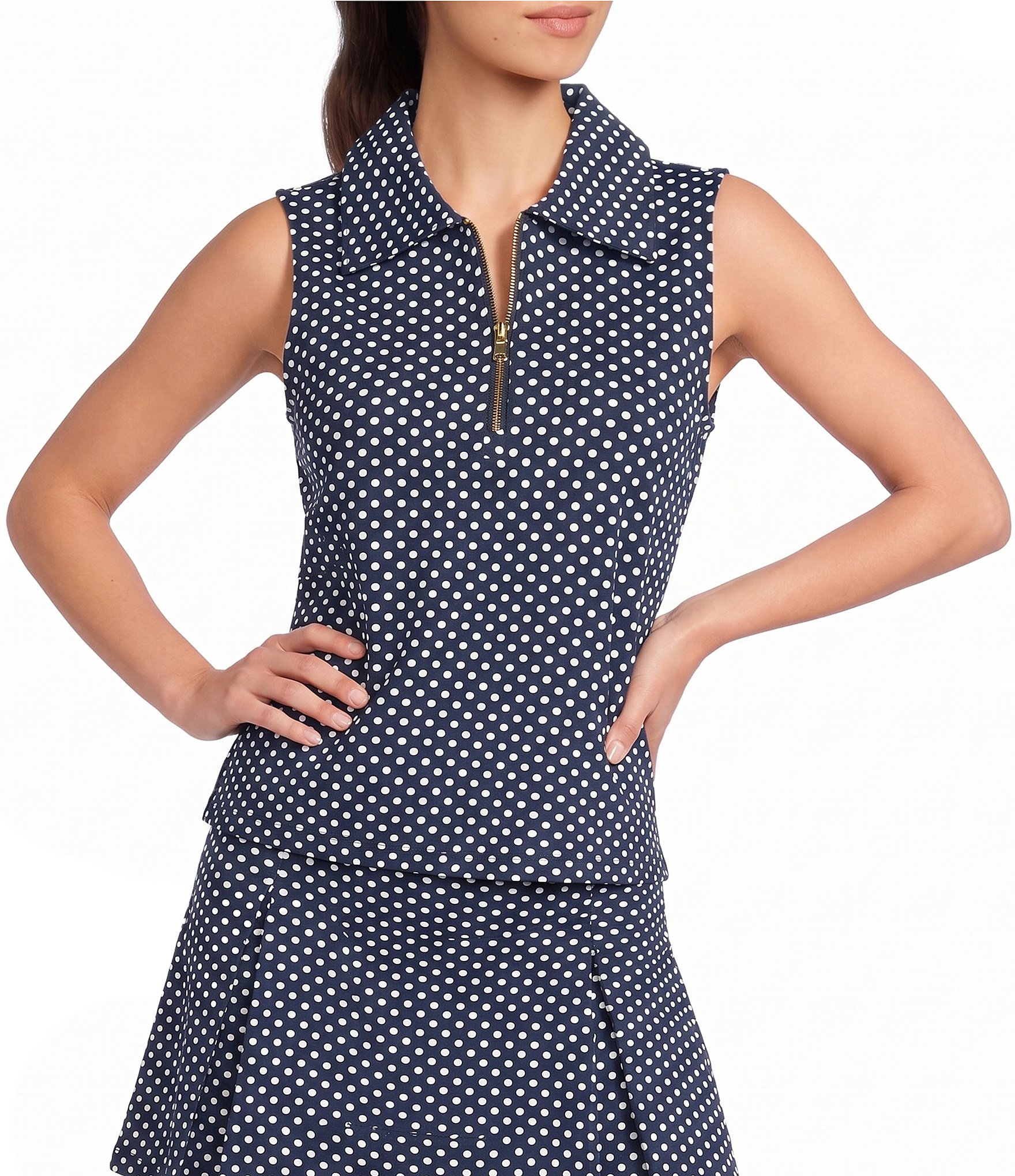 Addison Bay Virginian Dot Printed Collared Zip Front Sleeveless Coordinating Ponte Polo Top
