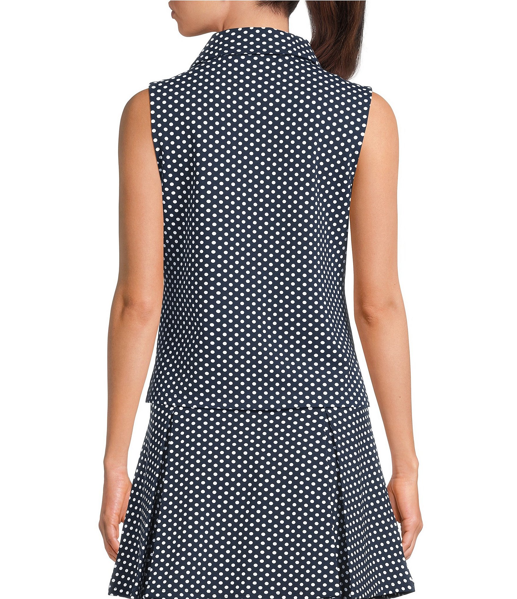 Addison Bay Virginian Dot Printed Collared Zip Front Sleeveless Coordinating Ponte Polo Top