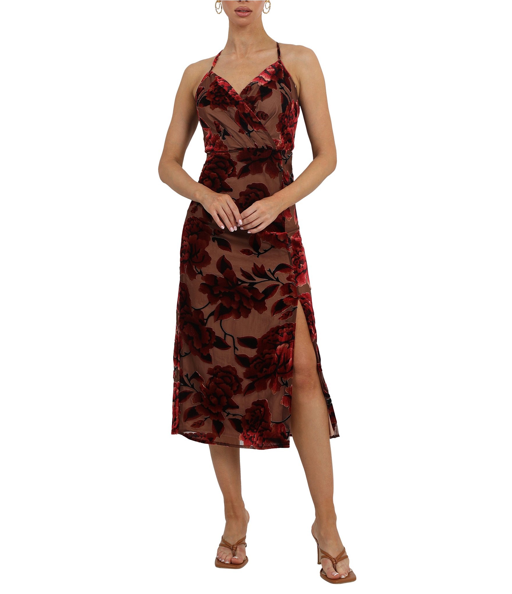 Adelyn Rae Floral Burnout Velvet Surplice V-Neck Sleeveless Midi Dress