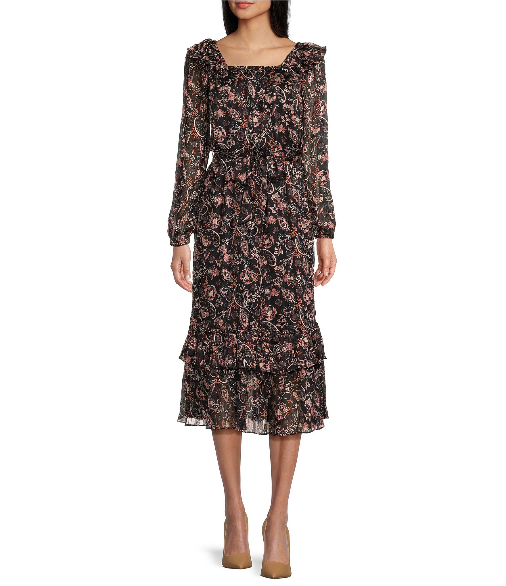 Adelyn Rae Floral Ruffled Square Neck Long Sleeve Midi Dress | Dillard's