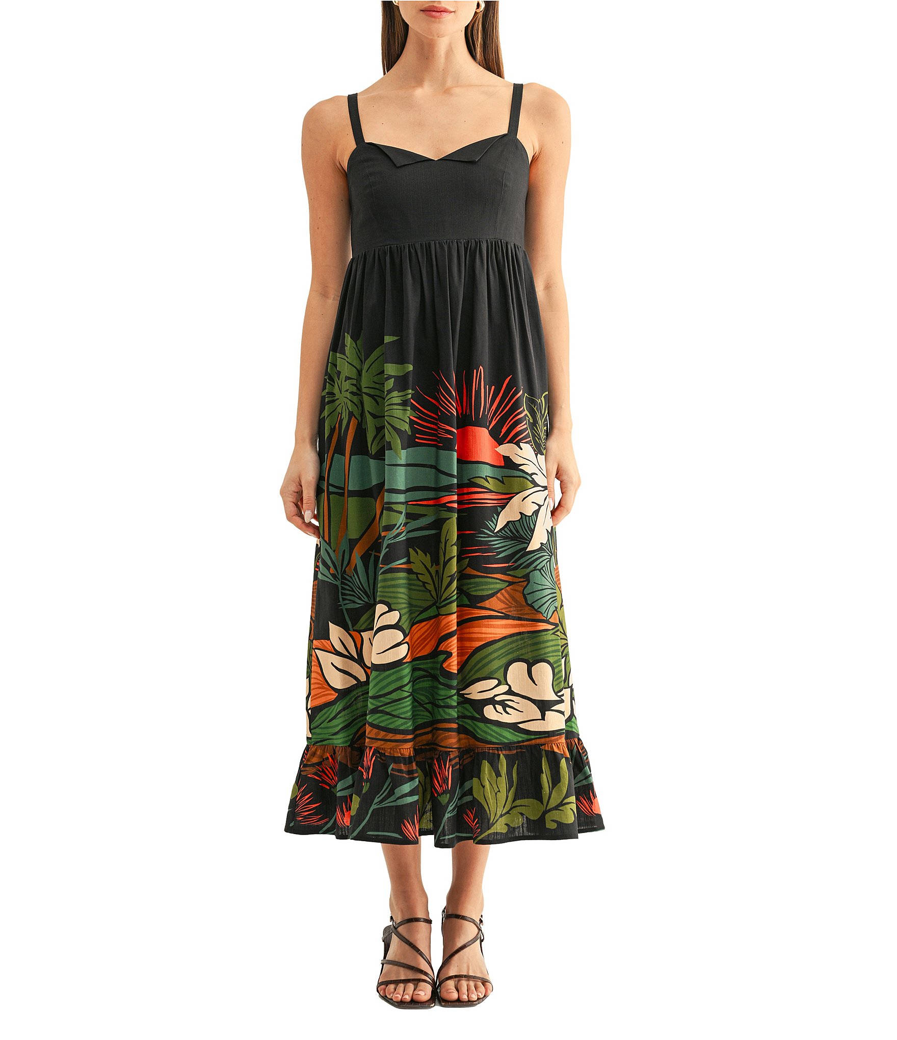 Adelyn Rae Leah Ruffled Printed Sleeveless Midi Dress