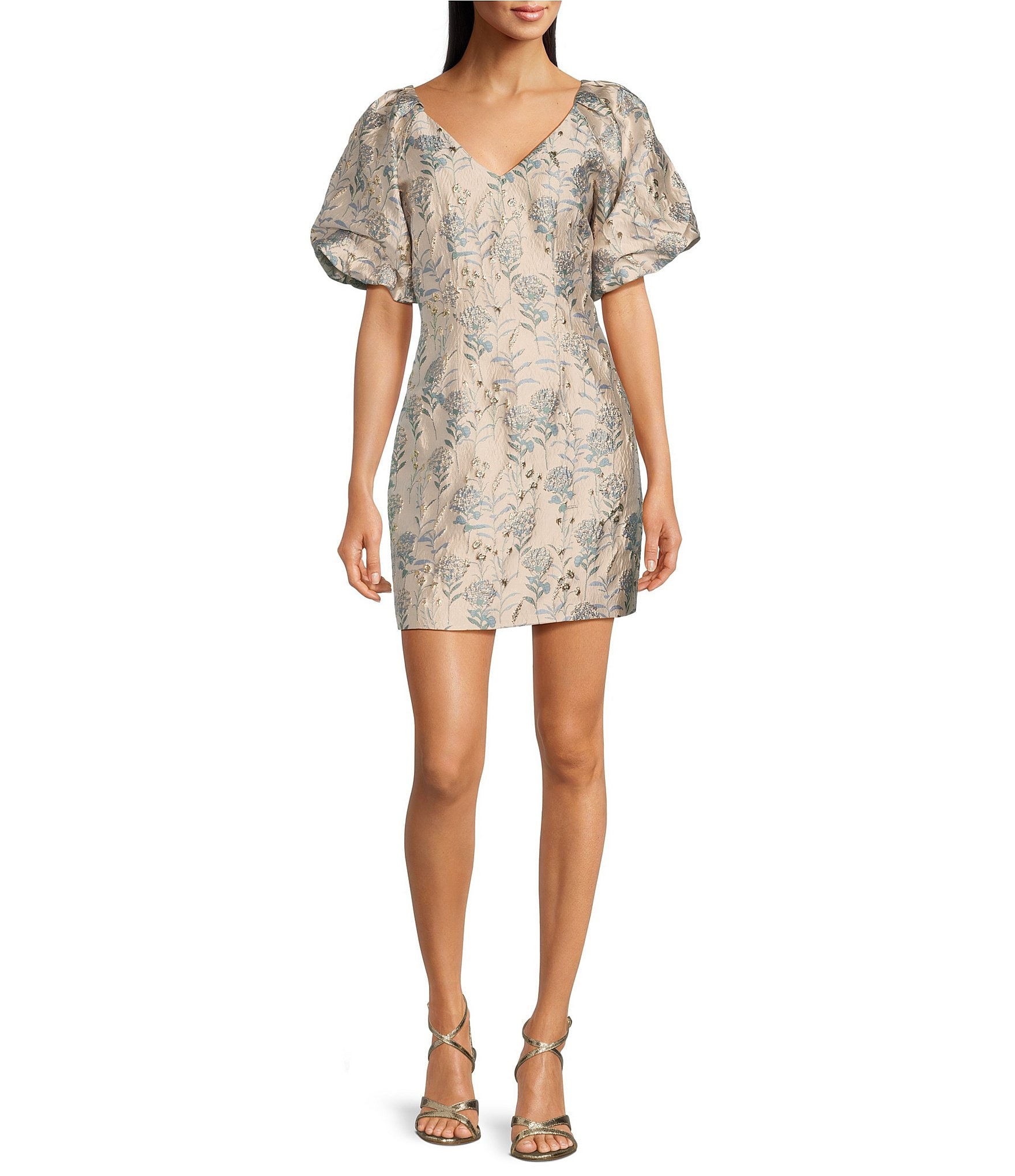 Adelyn Rae Metallic Jacquard V-Neckline Short Puff Sleeve Mini Dress |  Dillard's