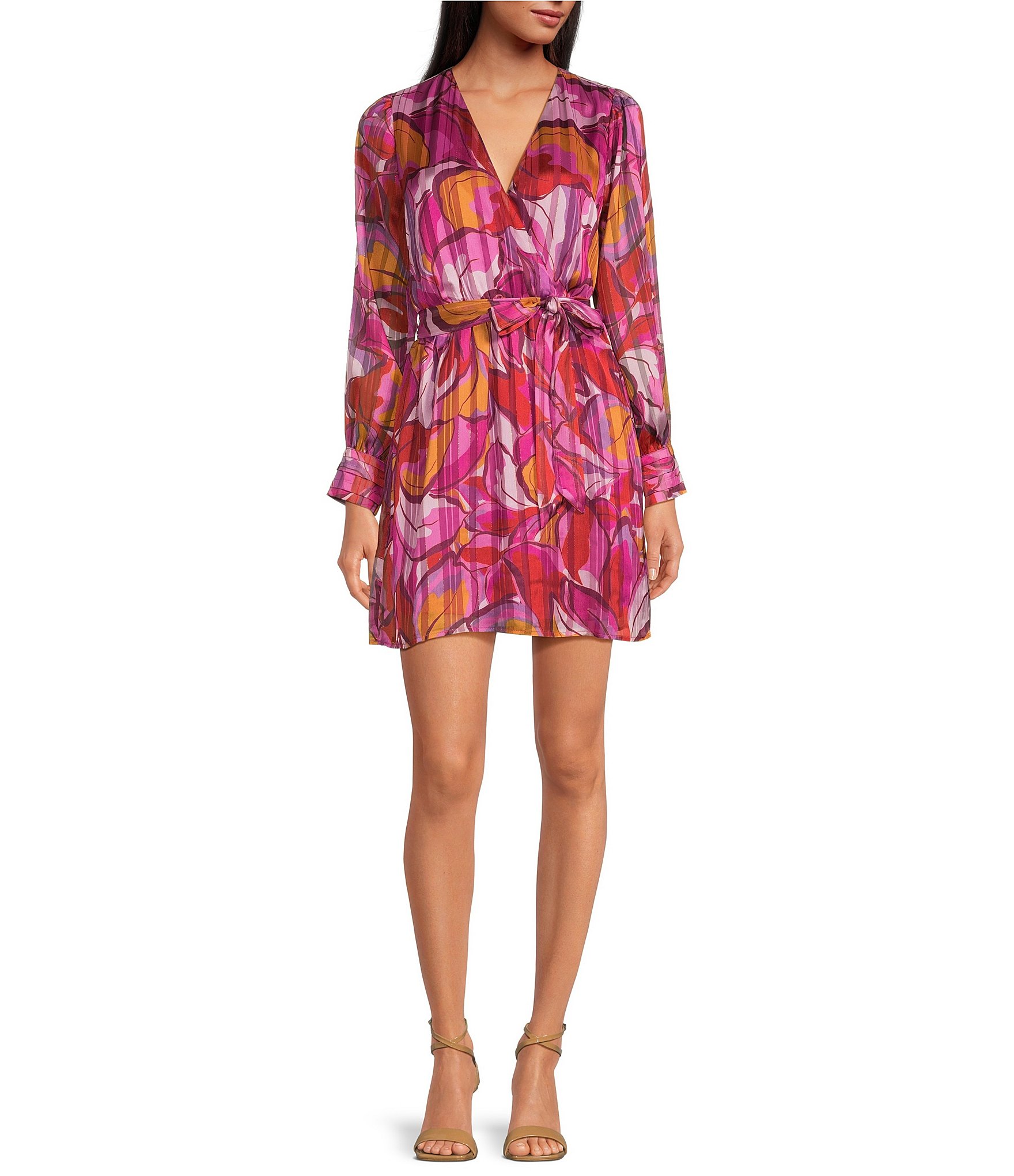 Adelyn Rae Printed Surplice V-Neck Long Sleeve Mini Dress | Dillard's