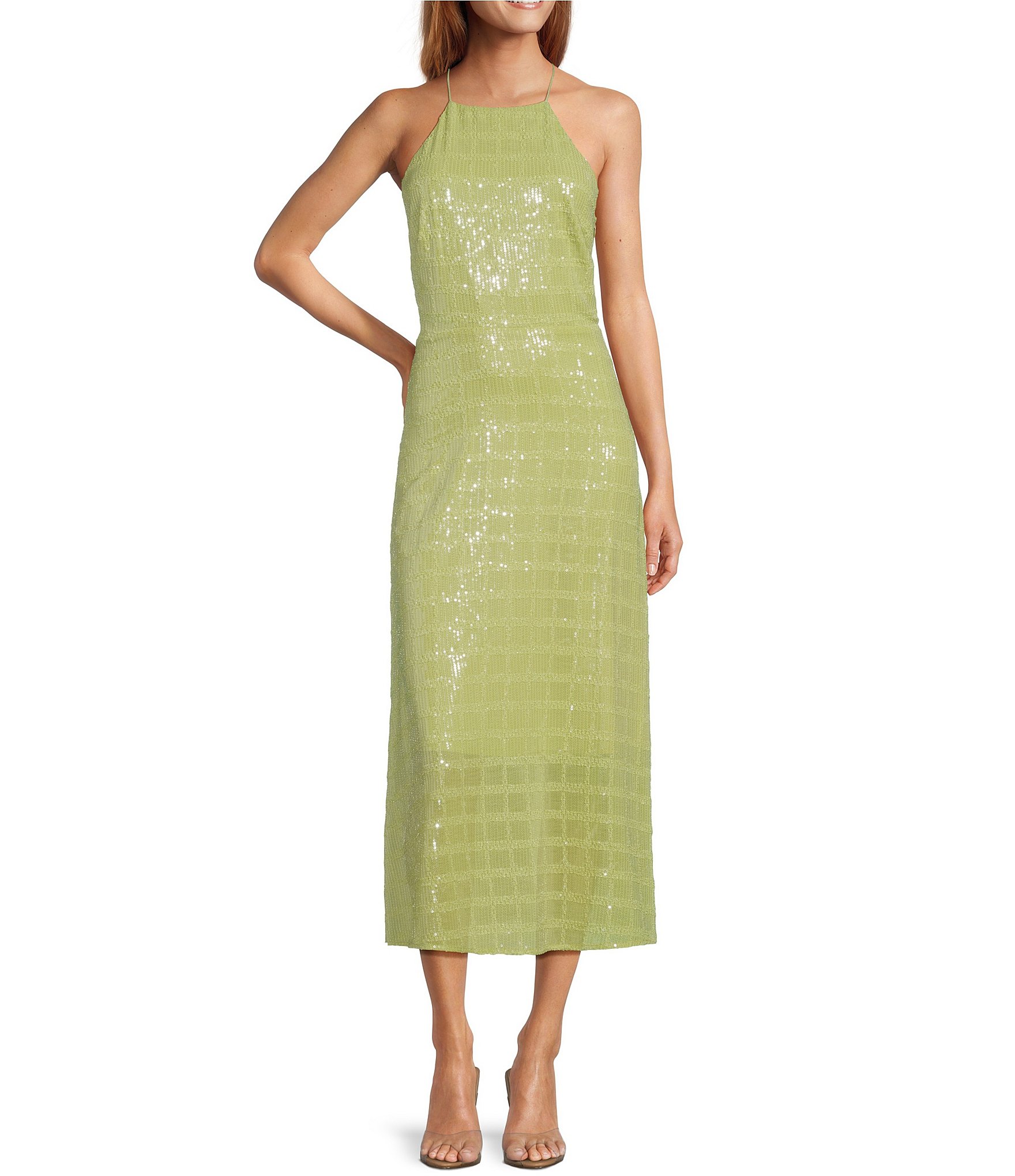 Adelyn Rae Sequin Halter Neckline Sleeveless Midi Dress | Dillard's